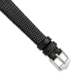 DeBeer 12mm Flat Black Lizard Grain Leather with Silver-tone Buckle 6.75 inch Watch Band