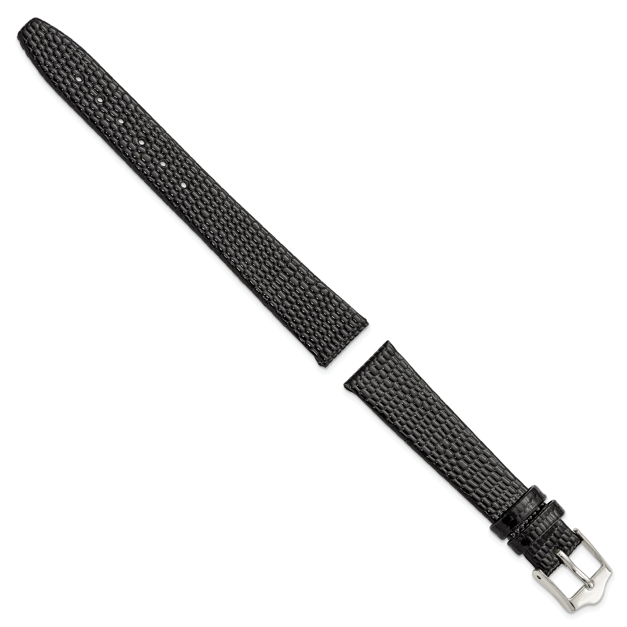 12mm Flat Black Lizard Grain Leather with Silver-tone Buckle 6.75 inch Watch Band