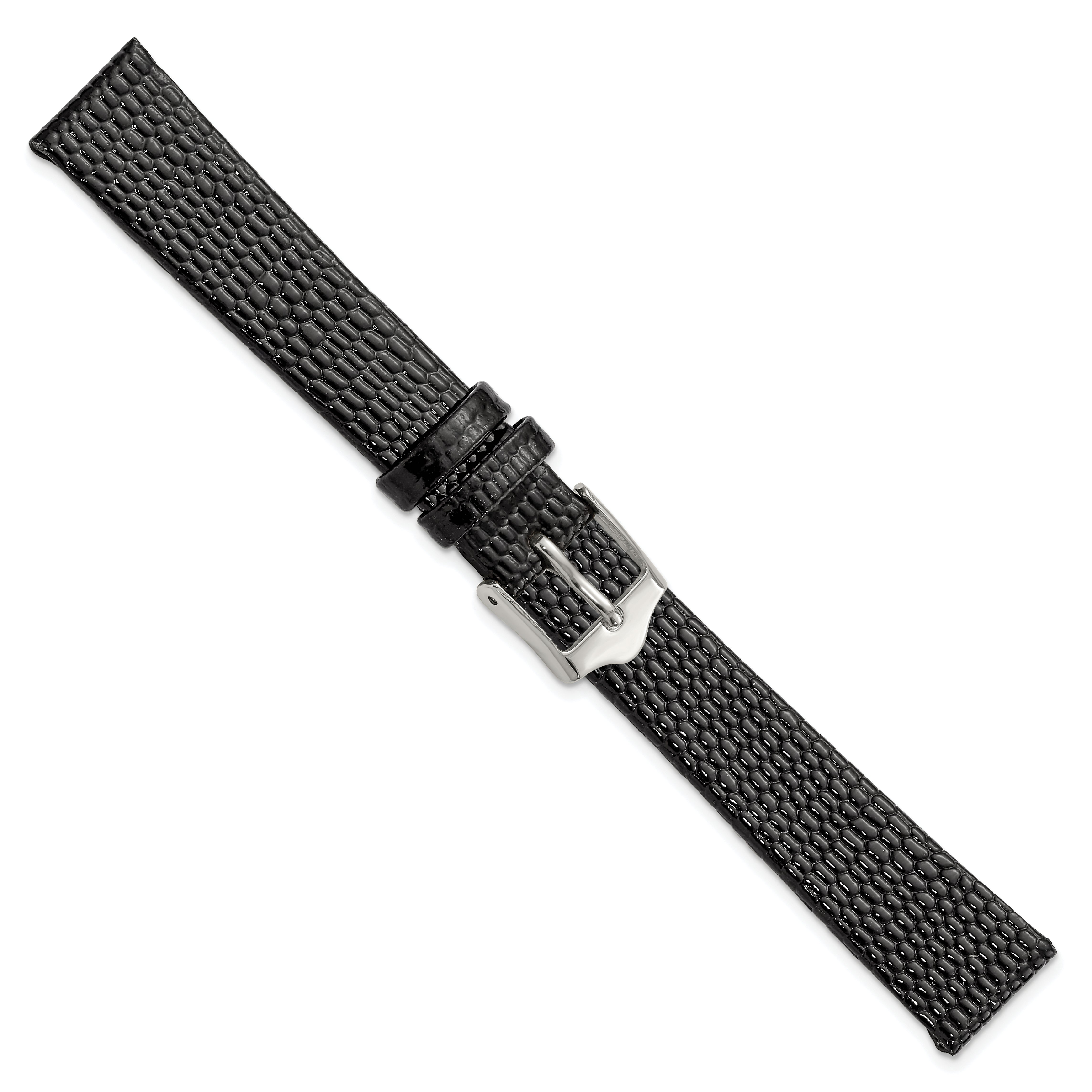 12mm Flat Black Lizard Grain Leather with Silver-tone Buckle 6.75 inch Watch Band