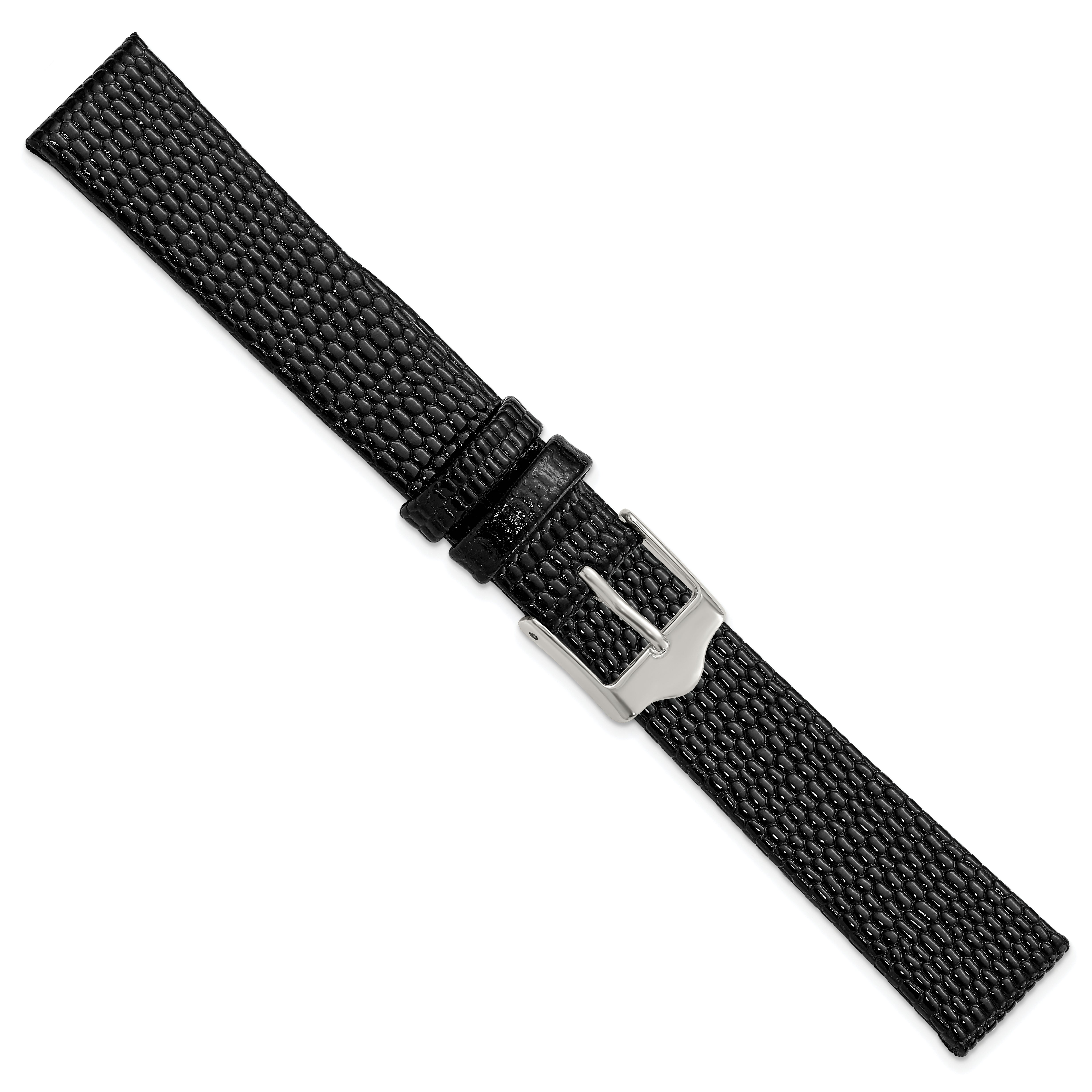 12mm Flat Black Lizard Grain Leather with Silver-tone Buckle 6.75 inch Watch Band