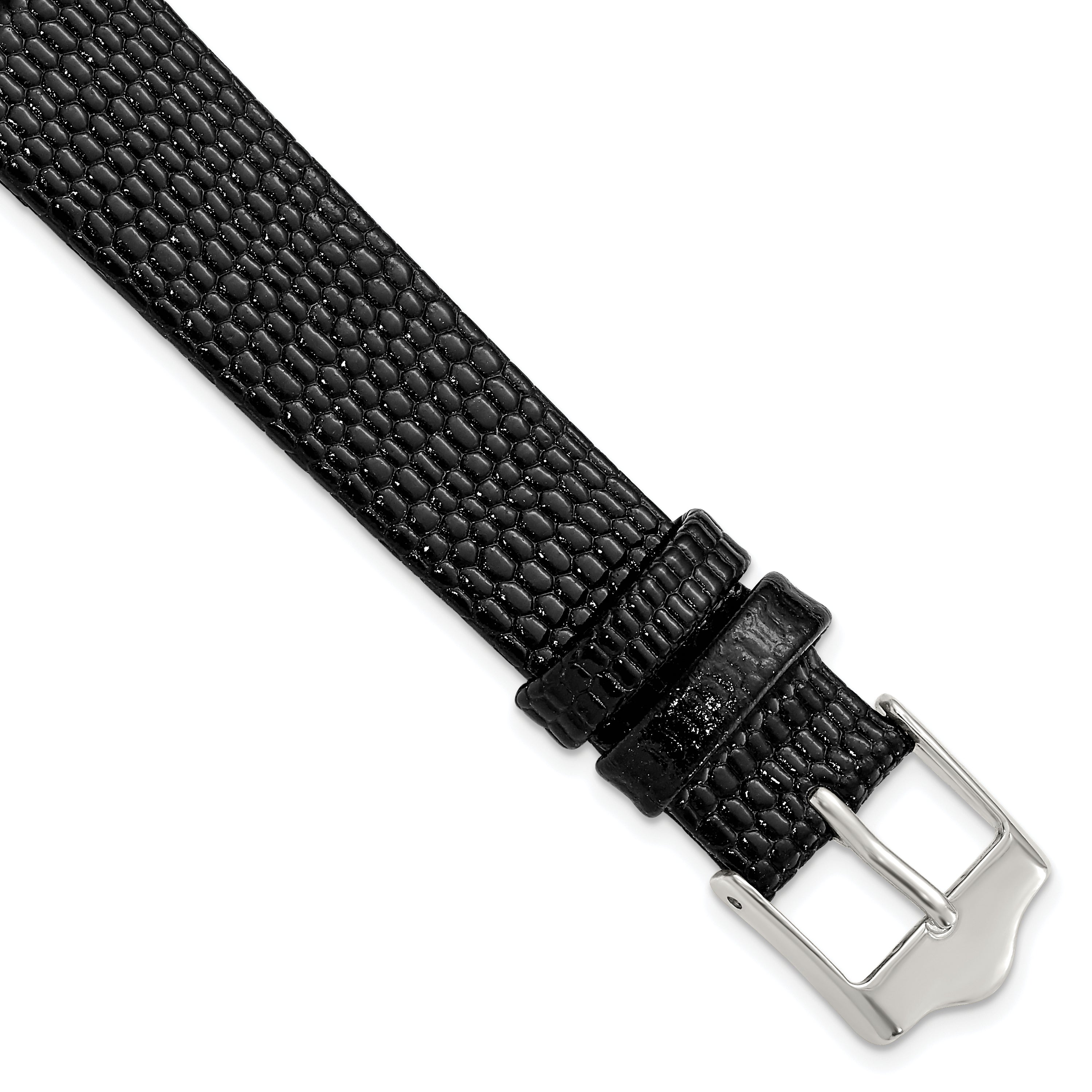 DeBeer 16mm Flat Black Lizard Grain Leather with Silver-tone Buckle 7.5 inch Watch Band