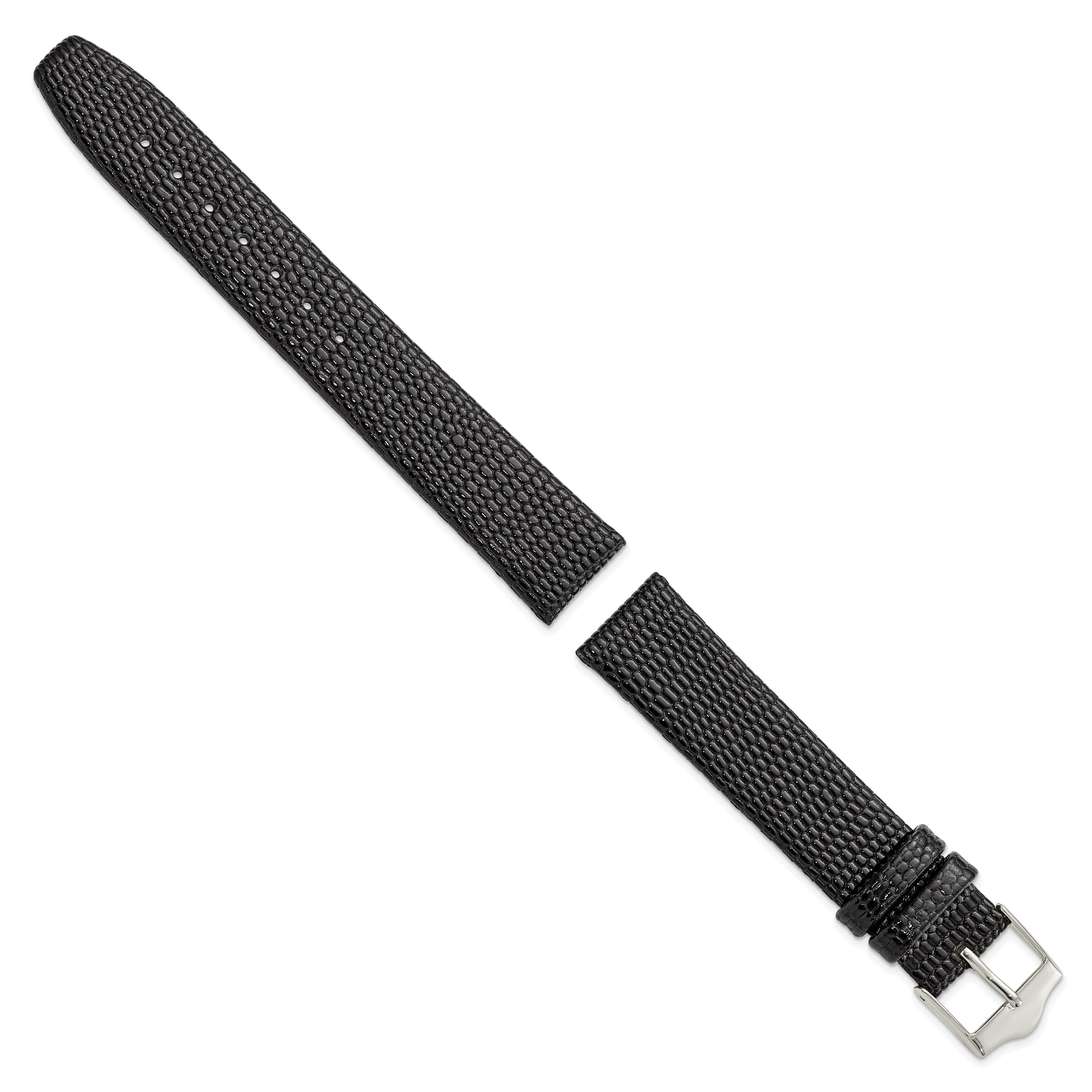 12mm Flat Black Lizard Grain Leather with Silver-tone Buckle 6.75 inch Watch Band