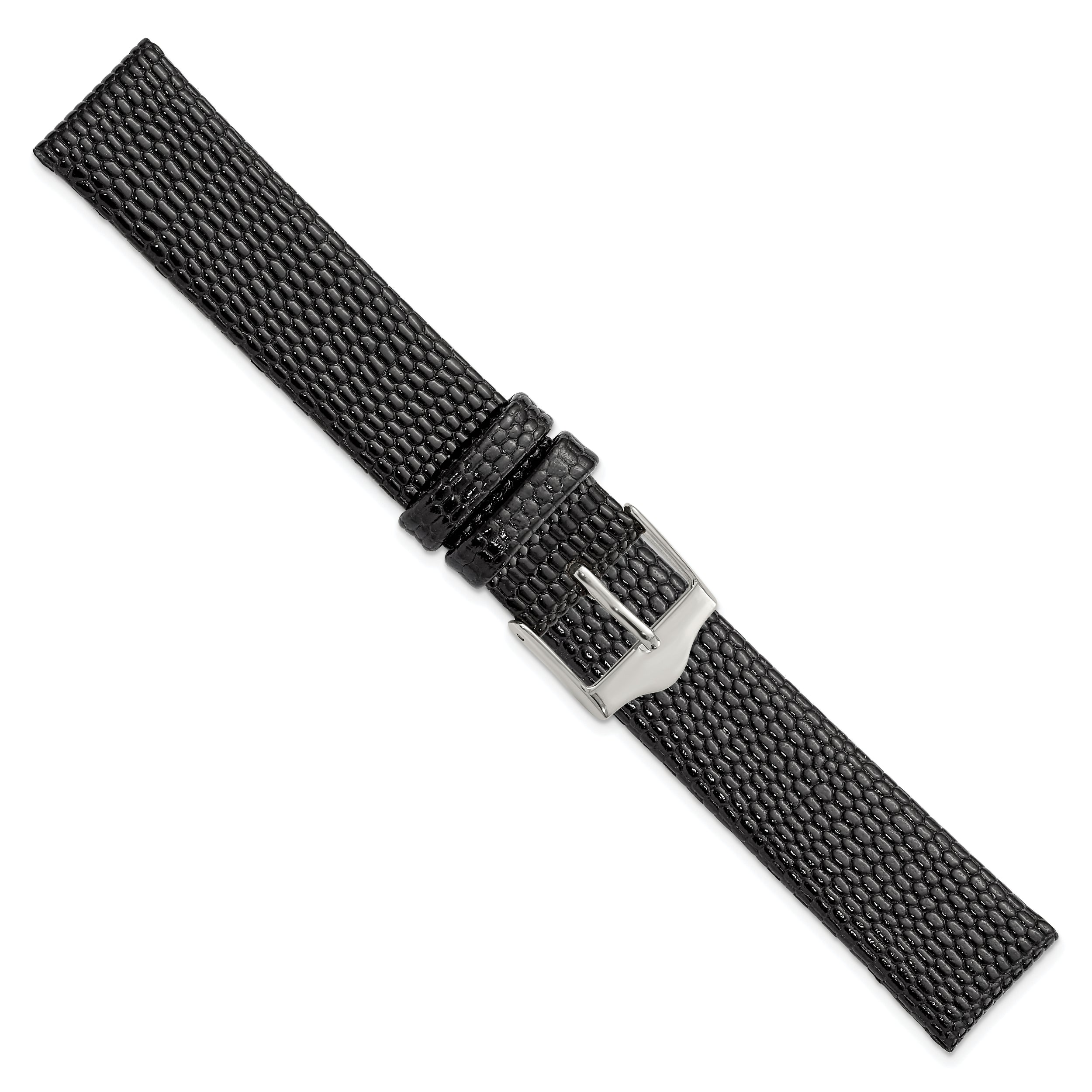 12mm Flat Black Lizard Grain Leather with Silver-tone Buckle 6.75 inch Watch Band