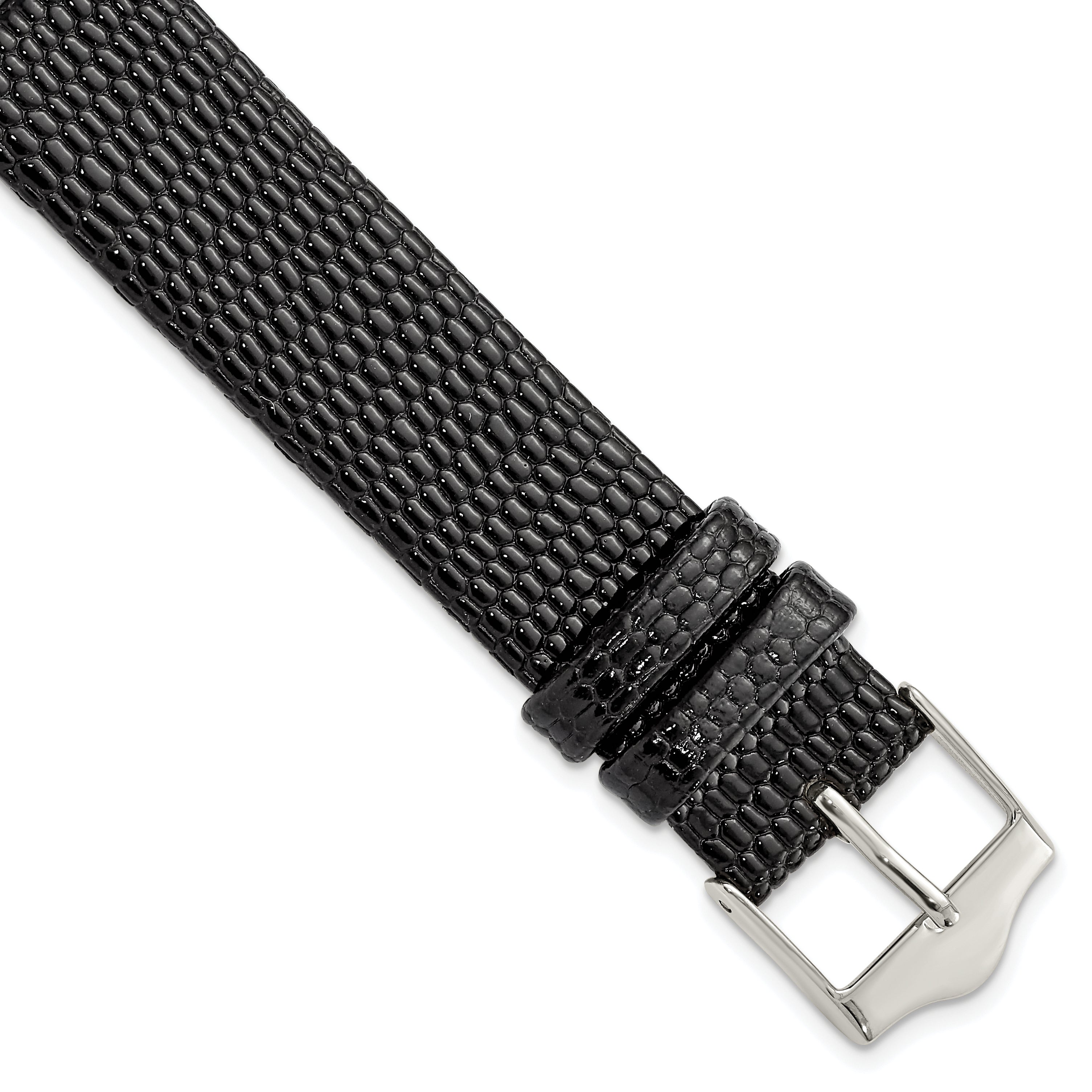 DeBeer 17mm Flat Black Lizard Grain Leather with Silver-tone Buckle 7.5 inch Watch Band
