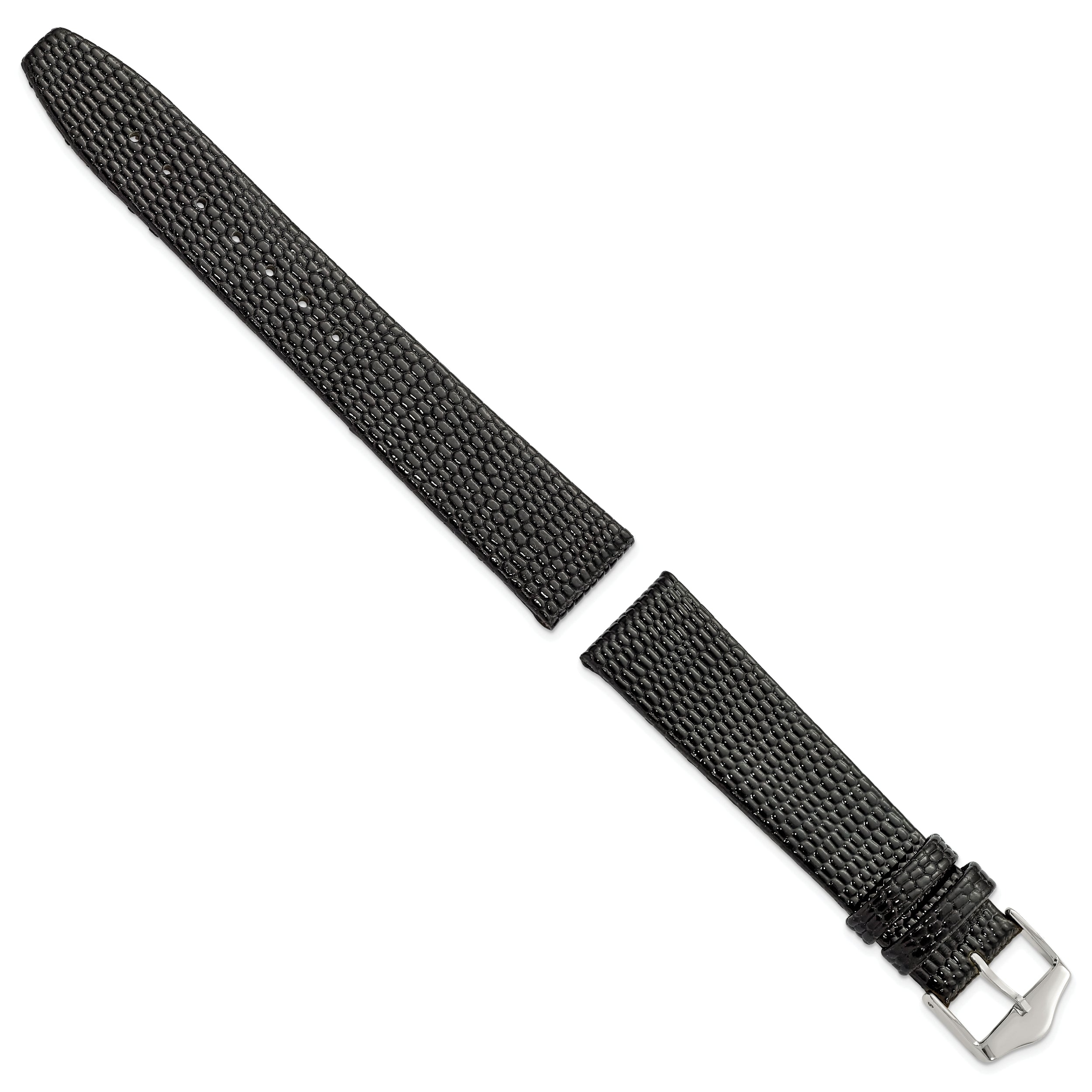 12mm Flat Black Lizard Grain Leather with Silver-tone Buckle 6.75 inch Watch Band