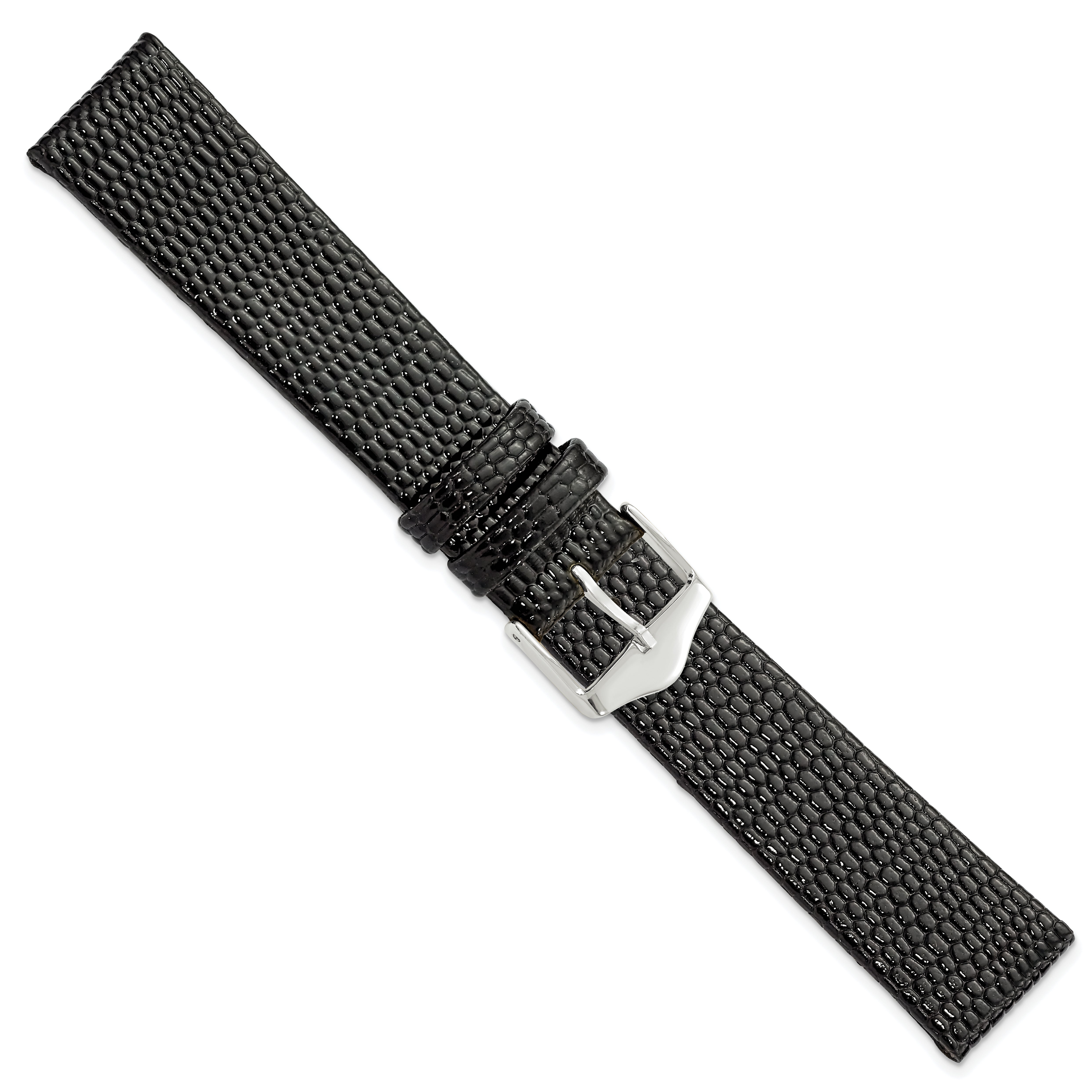 12mm Flat Black Lizard Grain Leather with Silver-tone Buckle 6.75 inch Watch Band