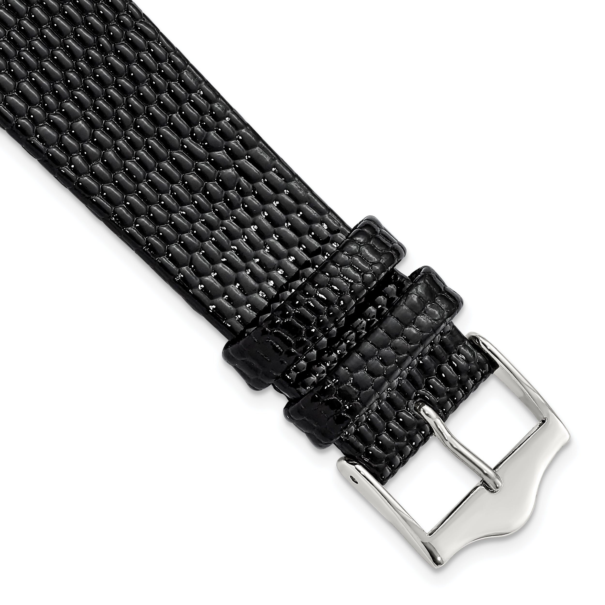 DeBeer 19mm Flat Black Lizard Grain Leather with Silver-tone Buckle 7.5 inch Watch Band