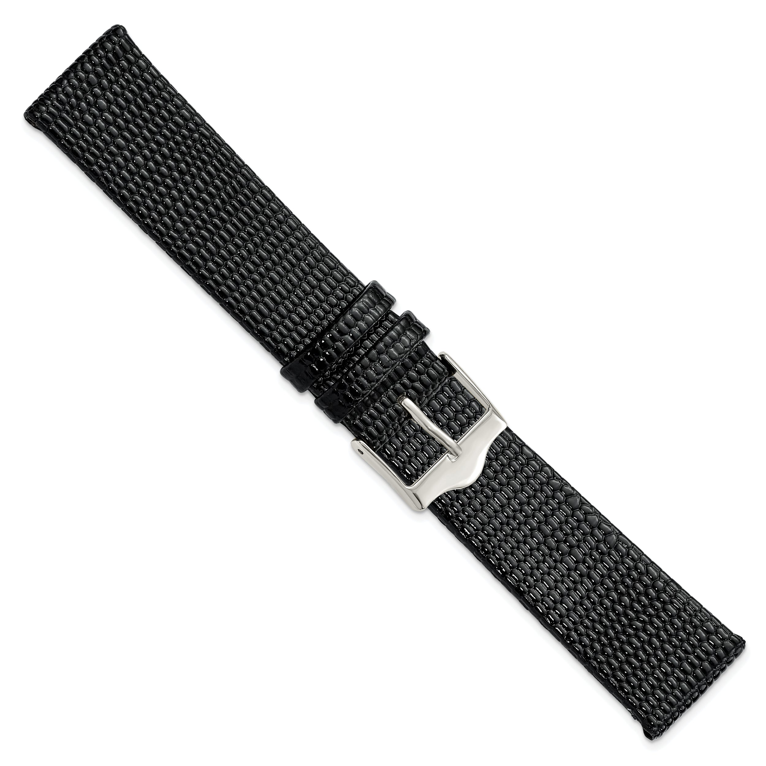12mm Flat Black Lizard Grain Leather with Silver-tone Buckle 6.75 inch Watch Band