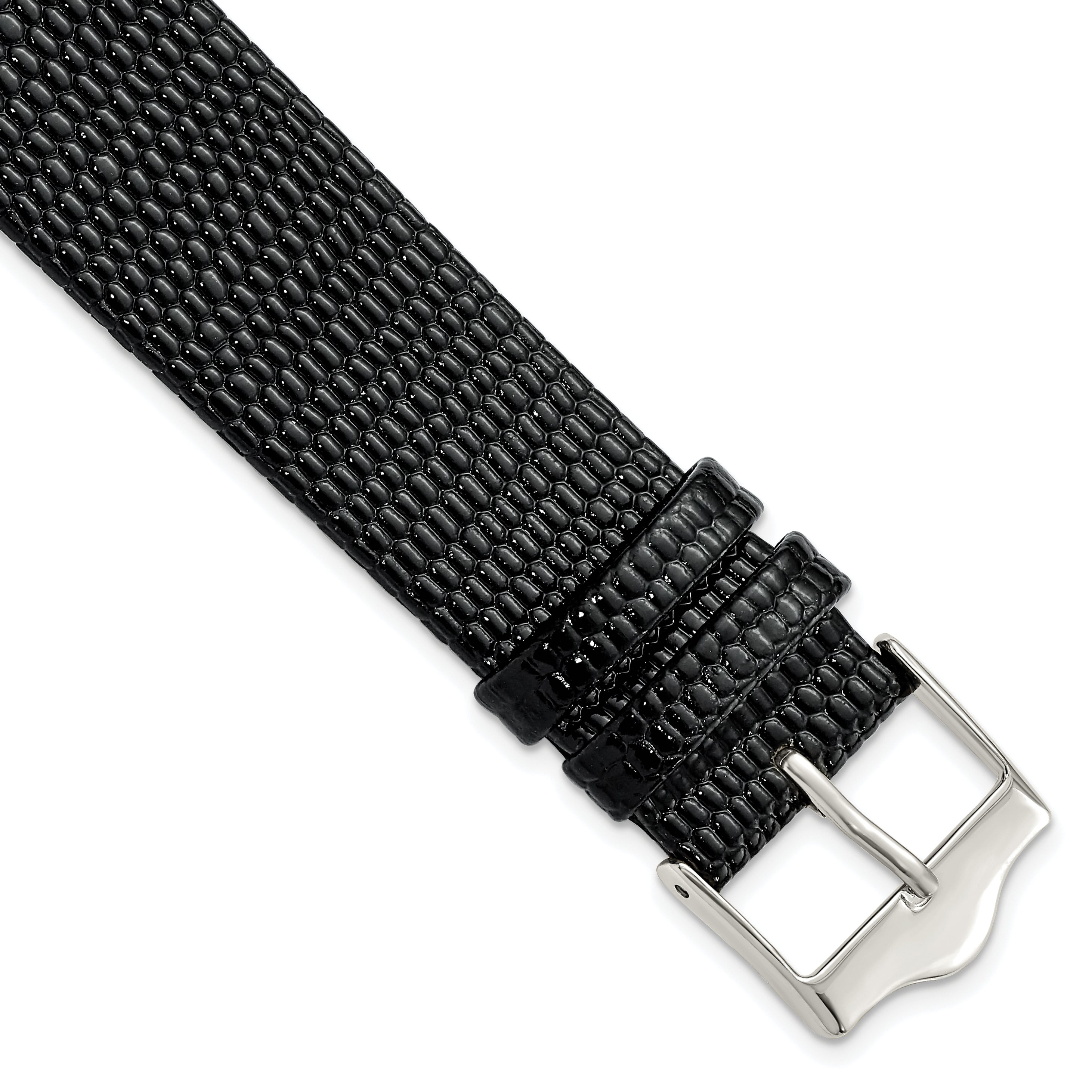 DeBeer 20mm Flat Black Lizard Grain Leather with Silver-tone Buckle 7.5 inch Watch Band