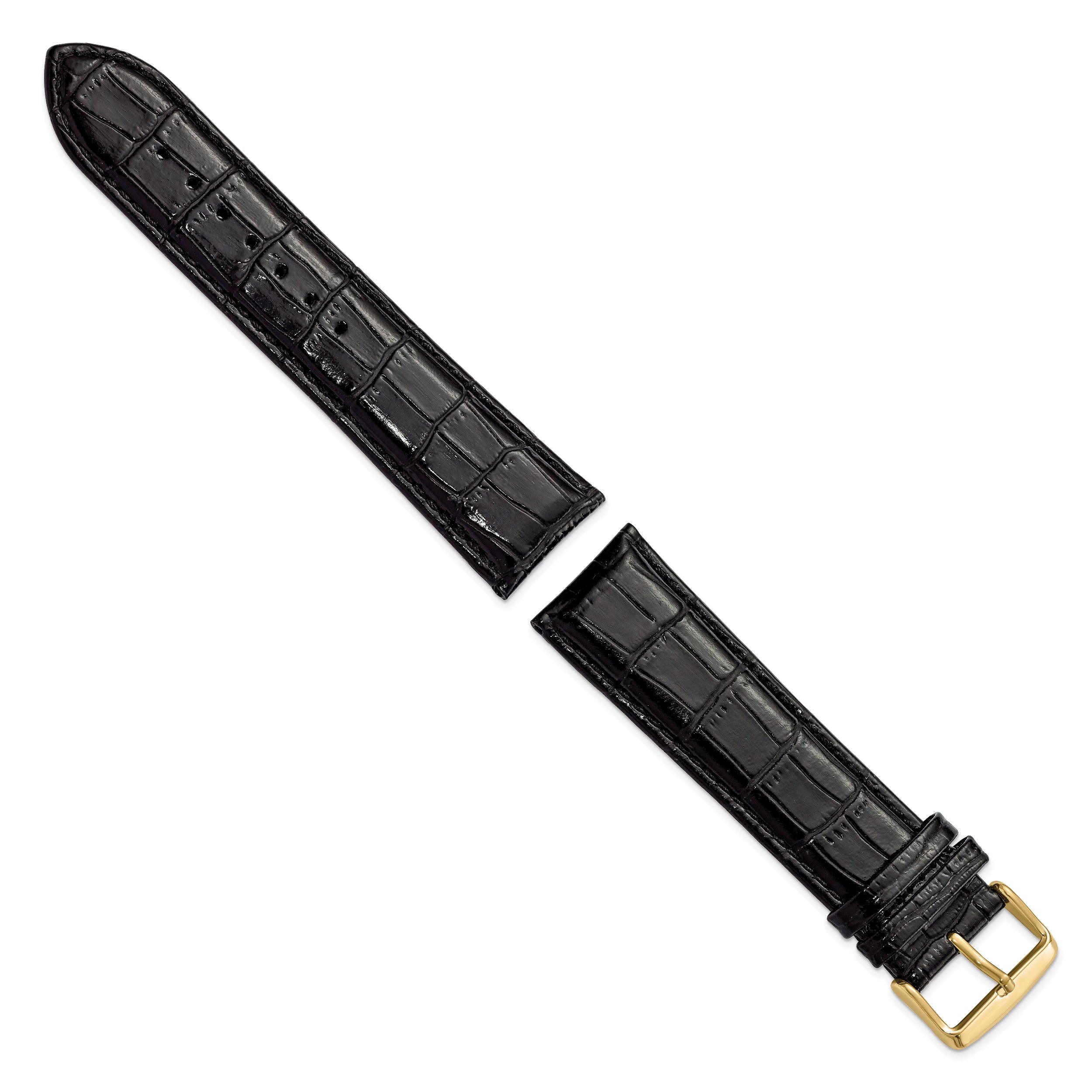 22mm Long Black Crocodile Grain Chronograph Leather with Gold-tone Buckle 8.5 inch Watch Band - 22 / 8.5
