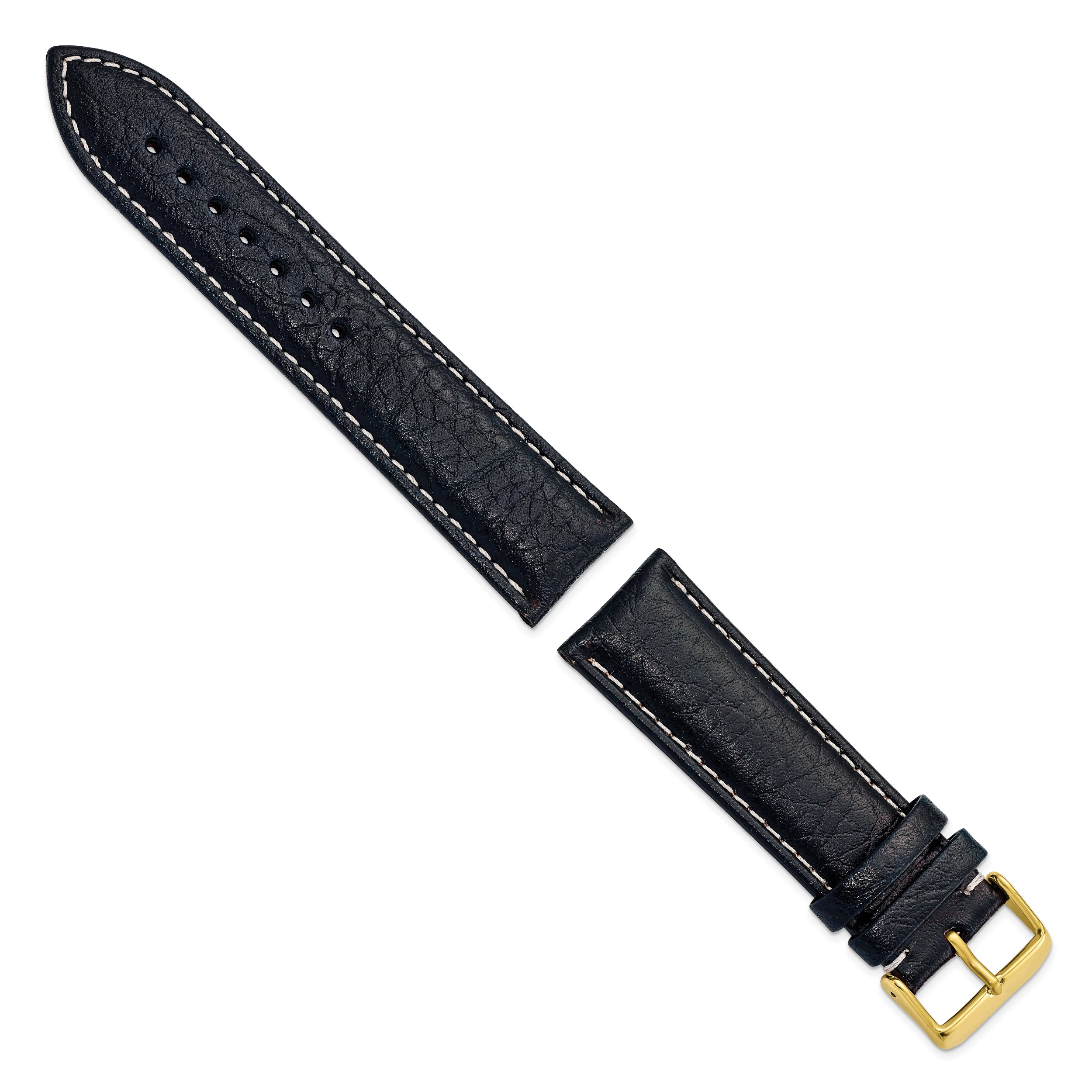 16mm Navy Sport Leather with White Stitching and Gold-tone Buckle 7.5 inch Watch Band