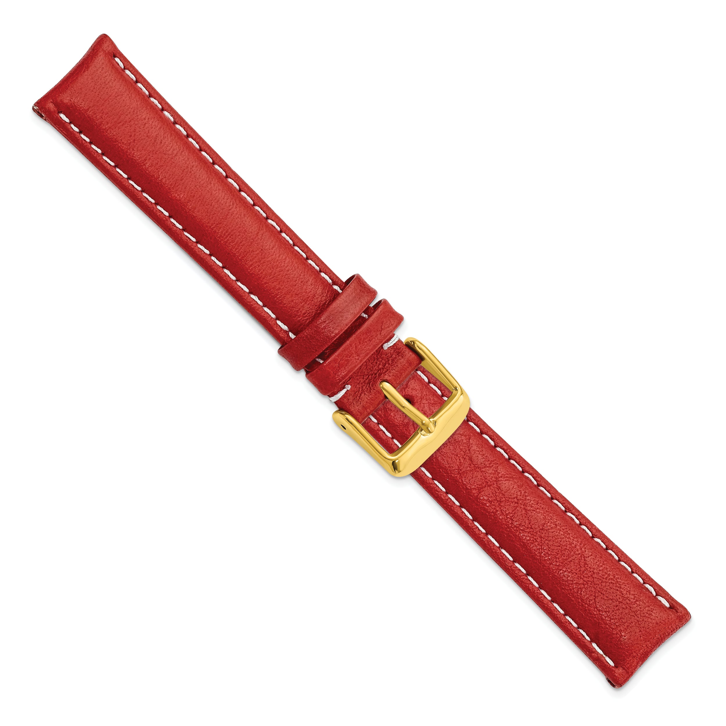 16mm Red Sport Leather with White Stitching and Gold-tone Buckle 7.5 inch Watch Band - 16 / 7.5