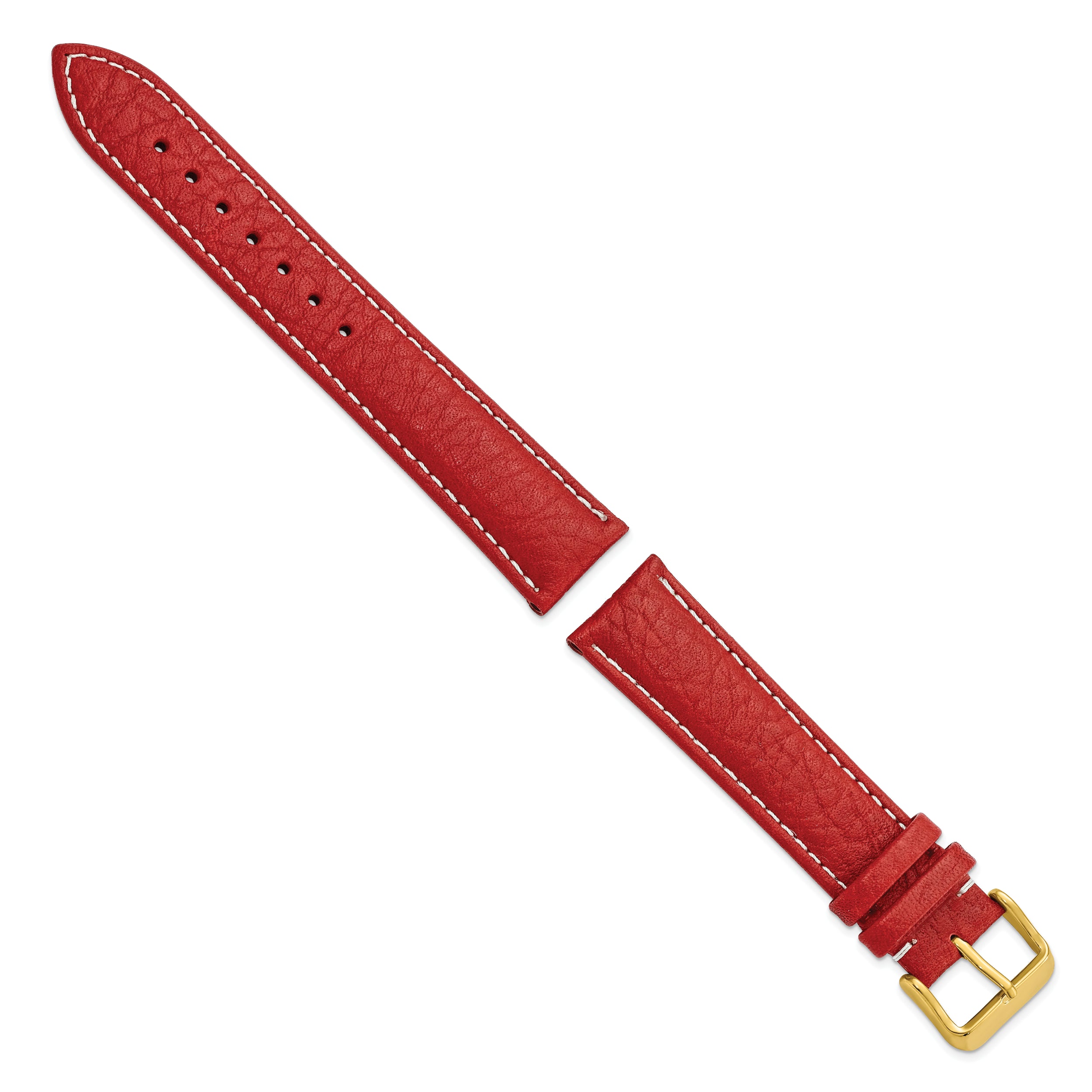 16mm Red Sport Leather with White Stitching and Gold-tone Buckle 7.5 inch Watch Band - 16 / 7.5