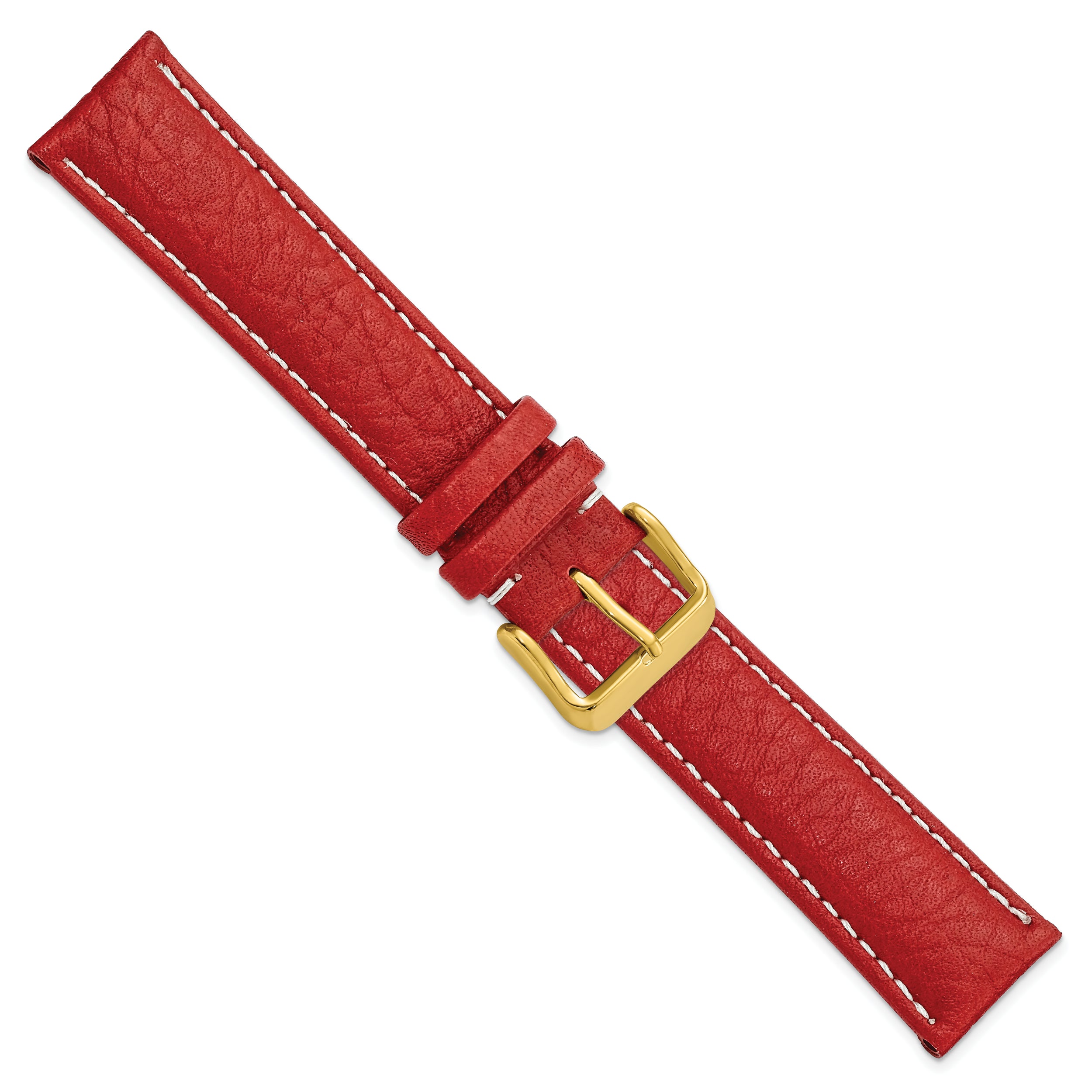 16mm Red Sport Leather with White Stitching and Gold-tone Buckle 7.5 inch Watch Band - 16 / 7.5