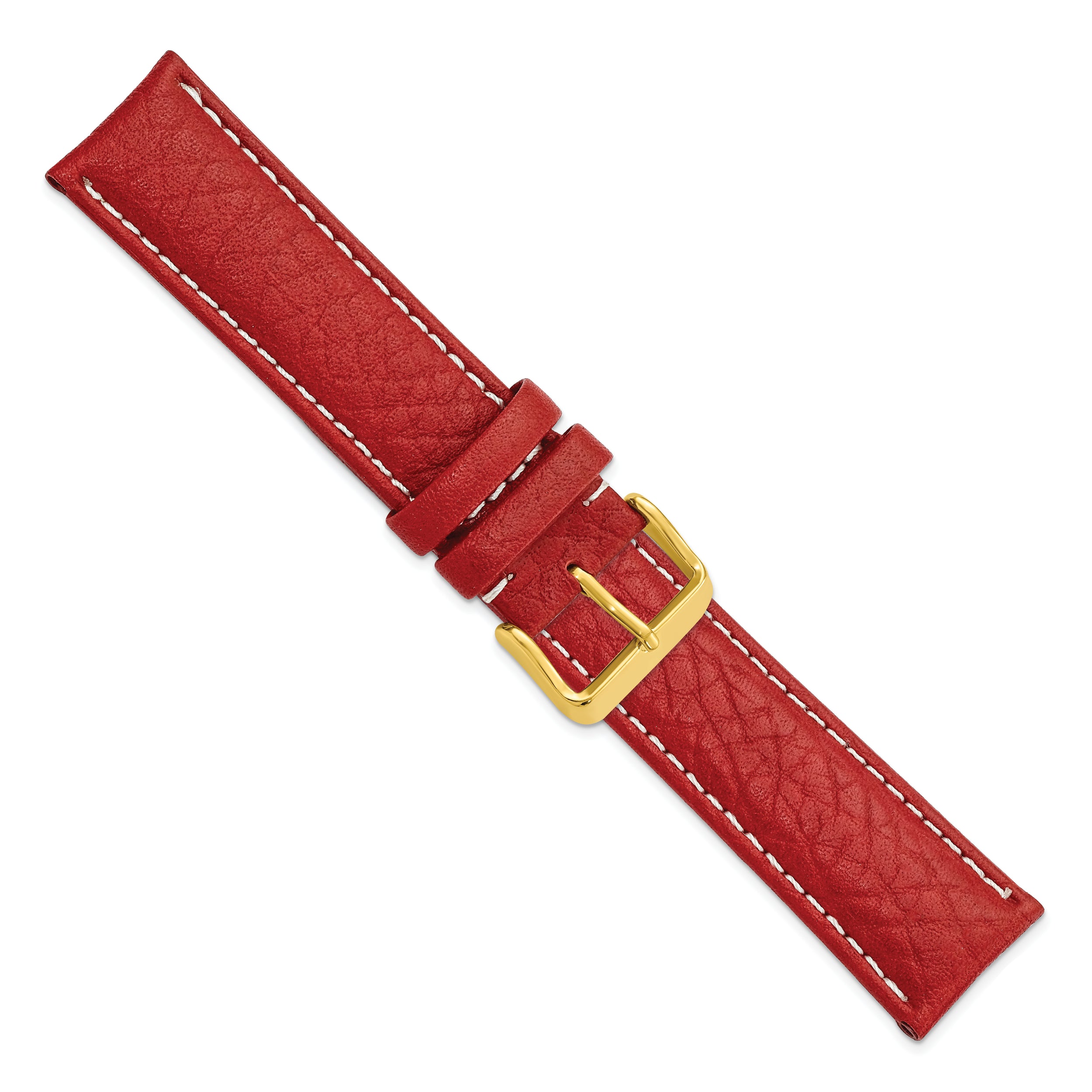 16mm Red Sport Leather with White Stitching and Gold-tone Buckle 7.5 inch Watch Band