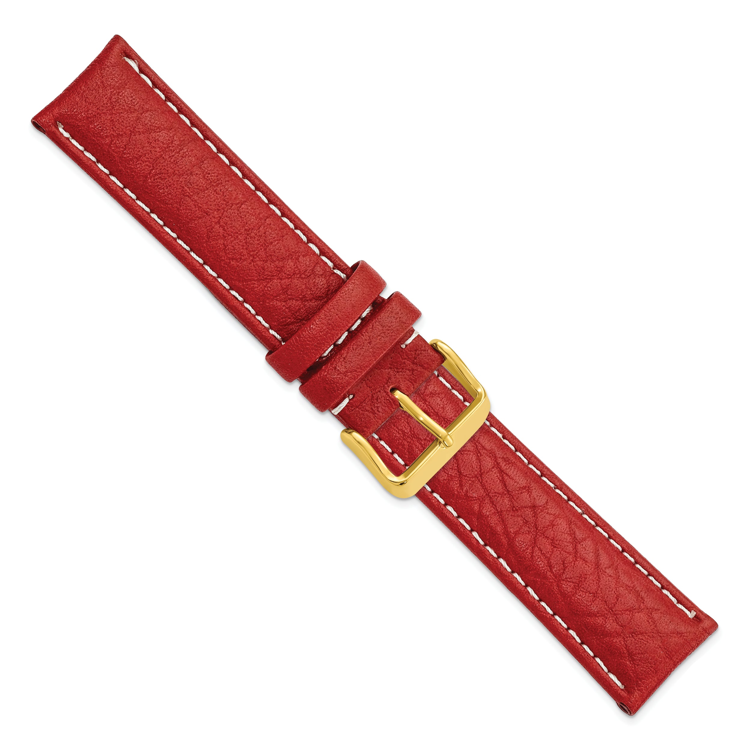 16mm Red Sport Leather with White Stitching and Gold-tone Buckle 7.5 inch Watch Band - 16 / 7.5