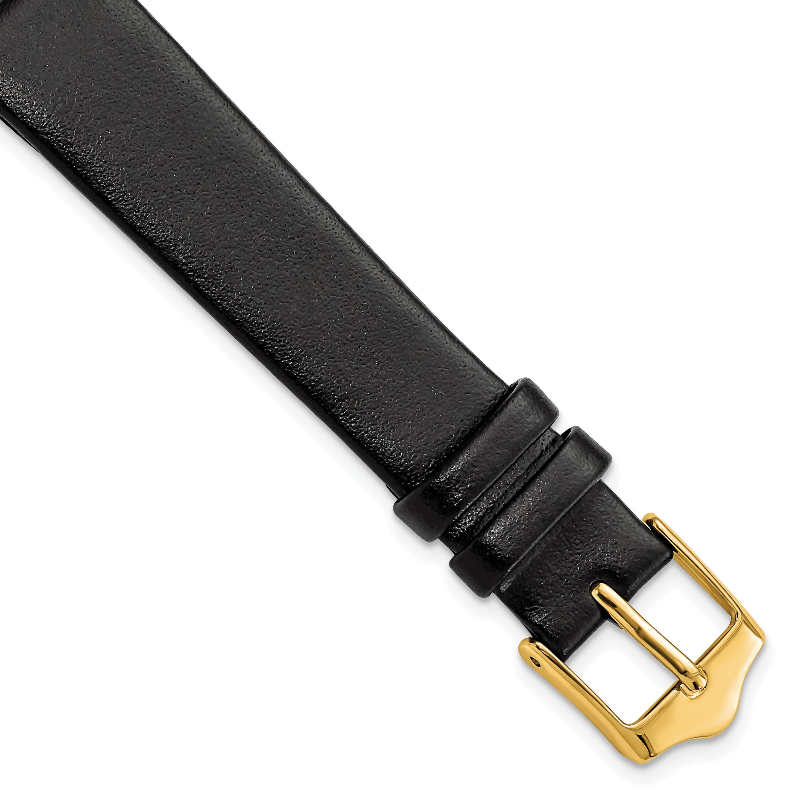 DeBeer 14mm Black Smooth Flat Leather with Gold-tone Buckle 6.75 inch Watch Band