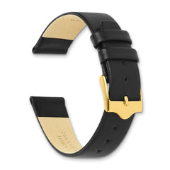 16mm Black Long Smooth Flat Leather with Gold-tone Buckle 8.5 inch Watch Band