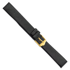 16mm Black Long Smooth Flat Leather with Gold-tone Buckle 8.5 inch Watch Band