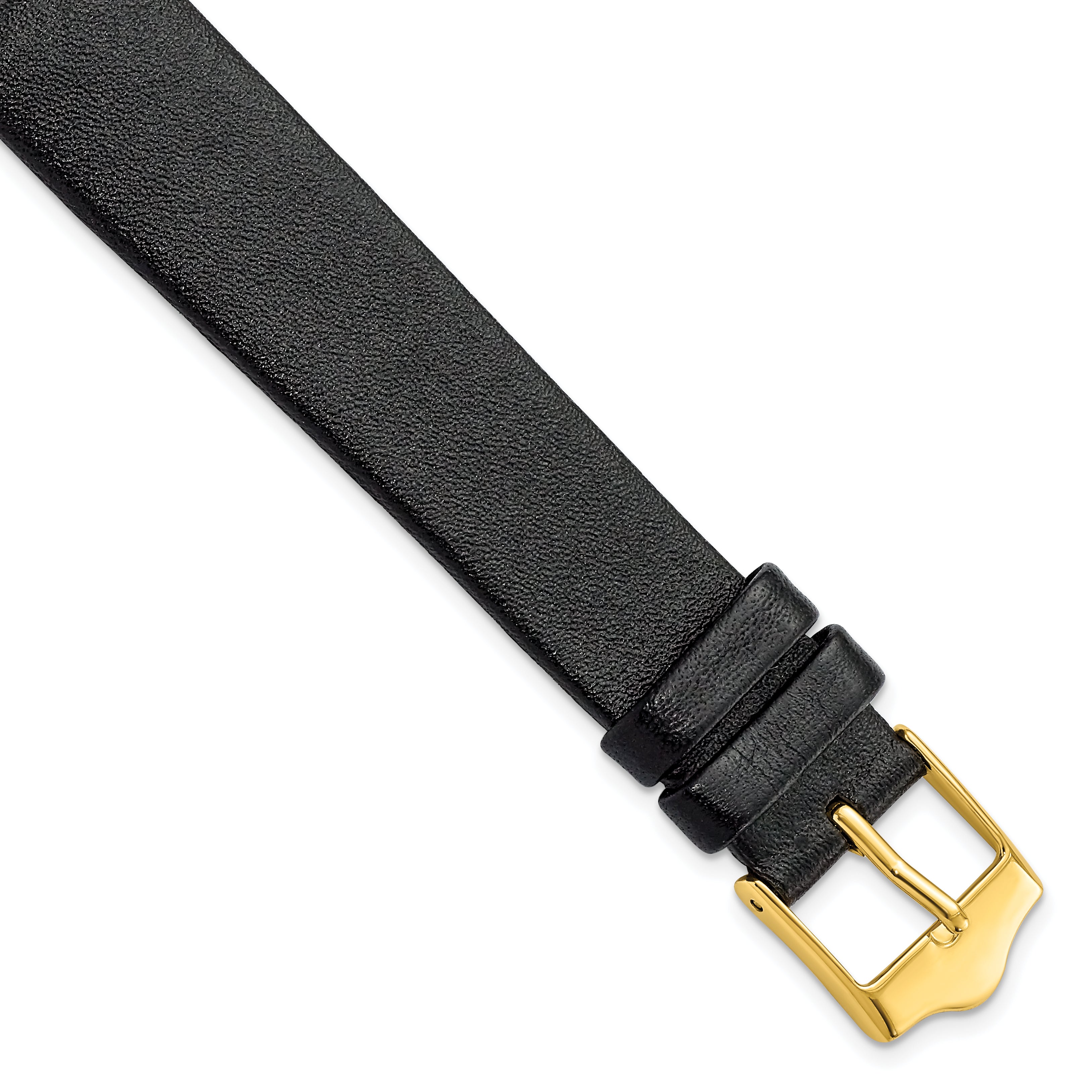 DeBeer 16mm Black Long Smooth Flat Leather with Gold-tone Buckle 8.5 inch Watch Band
