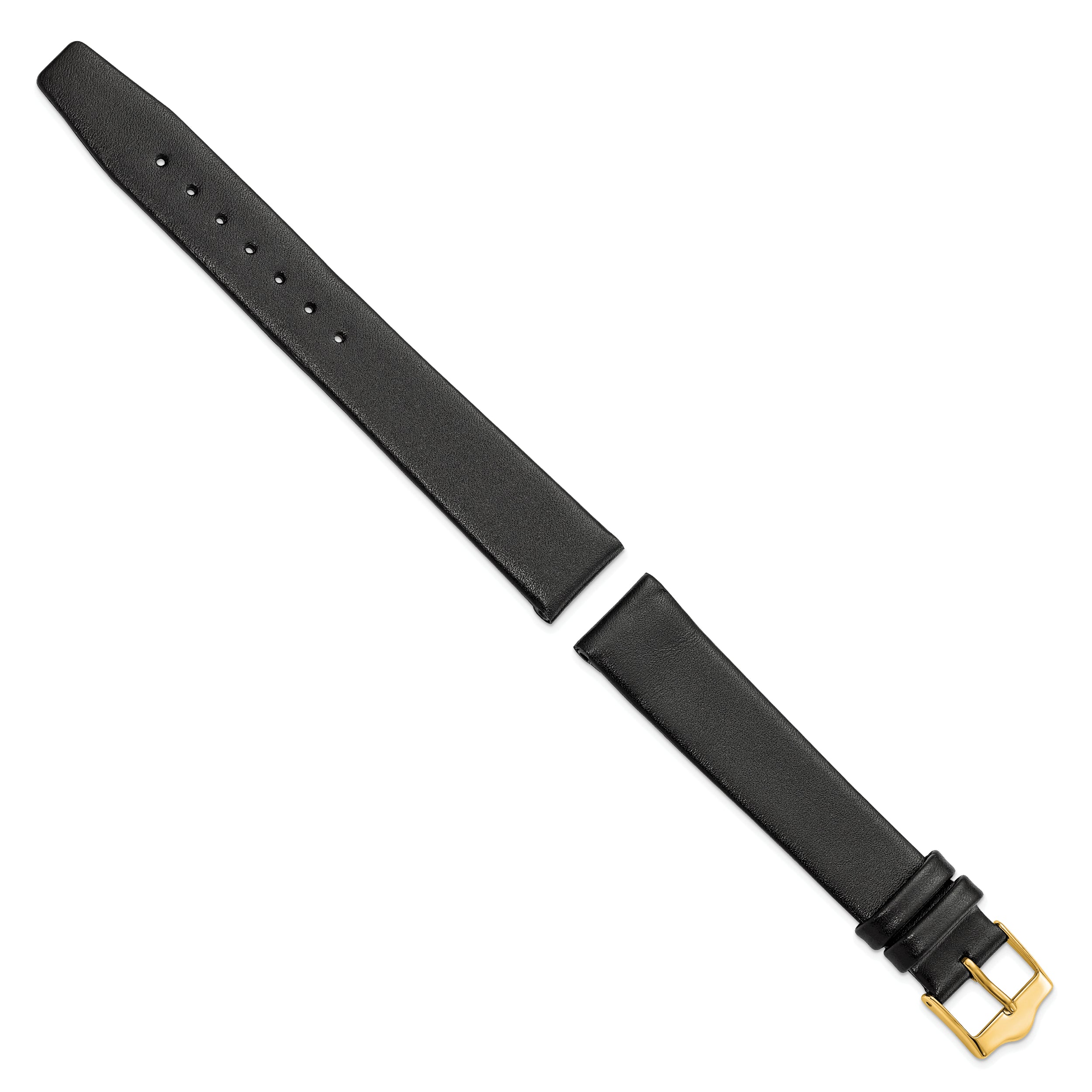 16mm Black Long Smooth Flat Leather with Gold-tone Buckle 8.5 inch Watch Band