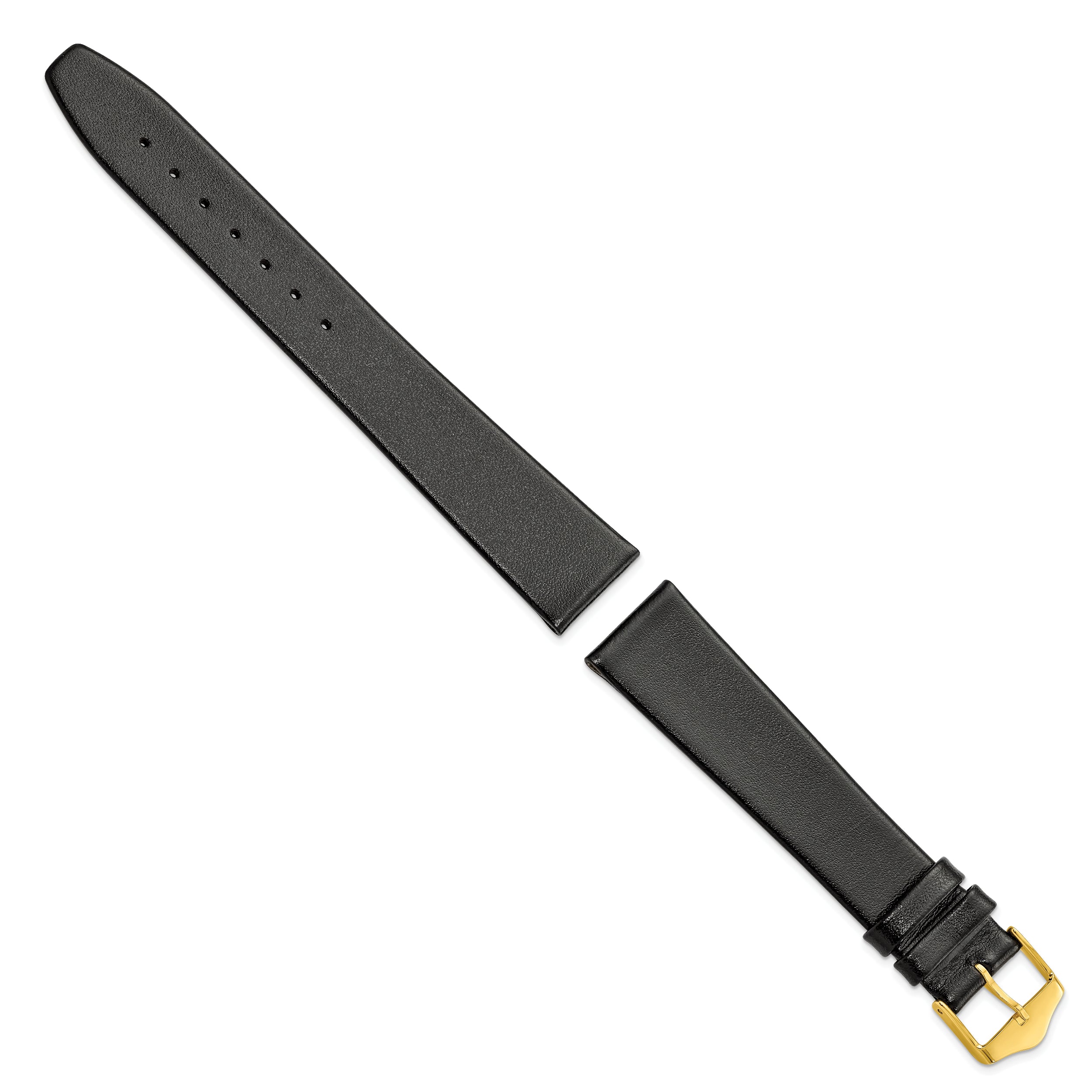 16mm Black Long Smooth Flat Leather with Gold-tone Buckle 8.5 inch Watch Band - 16 / 8.25