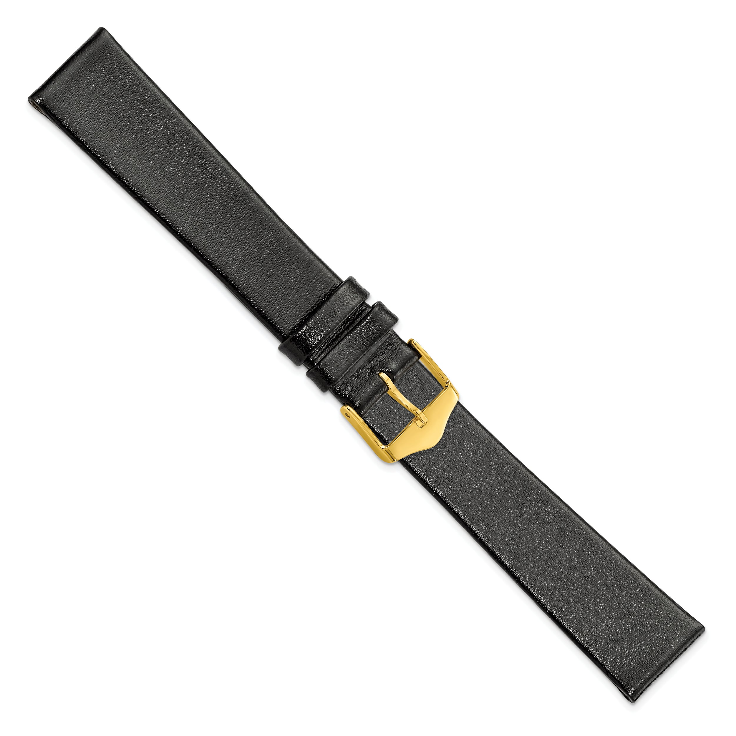 16mm Black Long Smooth Flat Leather with Gold-tone Buckle 8.5 inch Watch Band