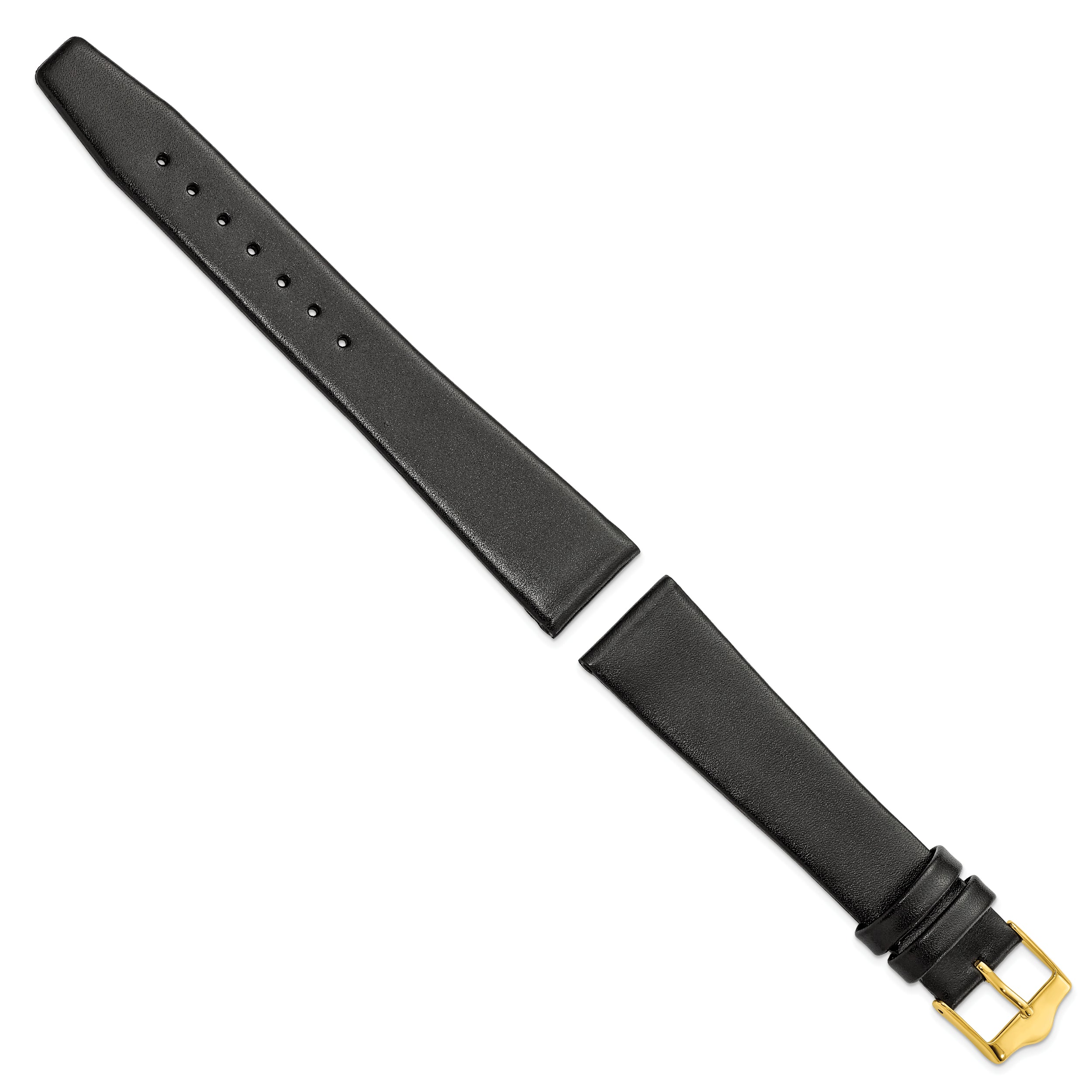 16mm Black Long Smooth Flat Leather with Gold-tone Buckle 8.5 inch Watch Band