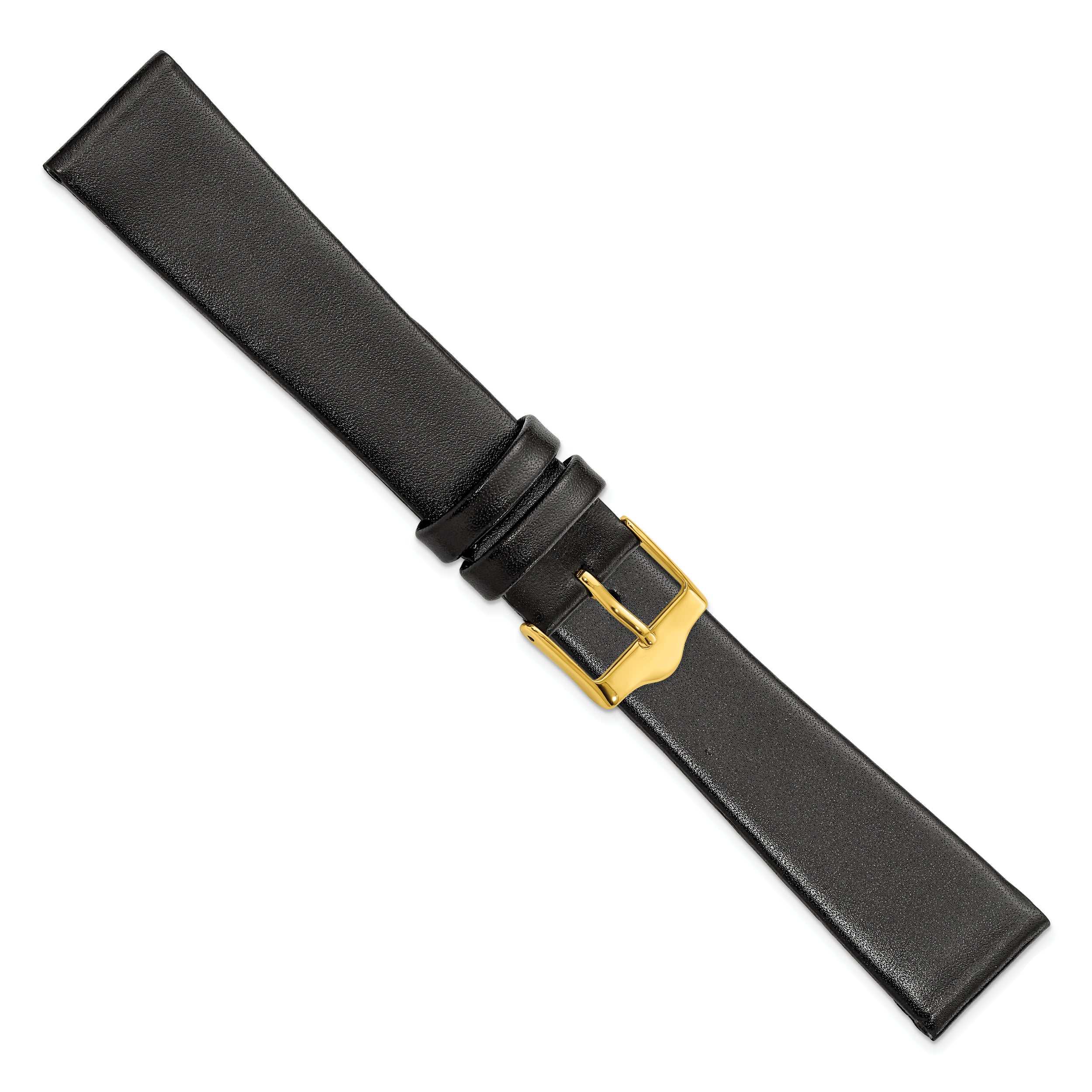 16mm Black Long Smooth Flat Leather with Gold-tone Buckle 8.5 inch Watch Band