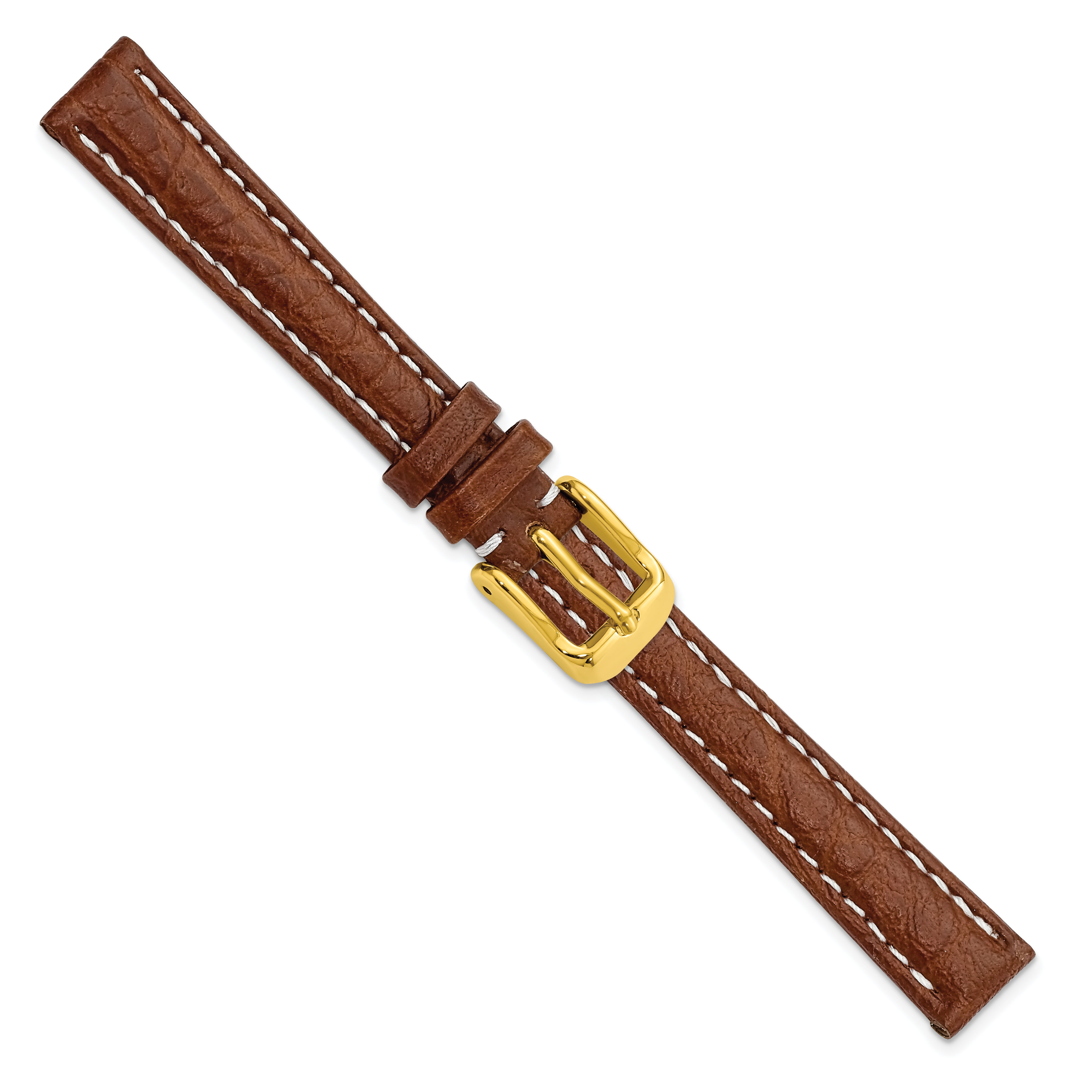 12mm Havana Sport Leather with White Stitching and Gold-tone Buckle 6.75 inch Watch Band - 12 / 6.75