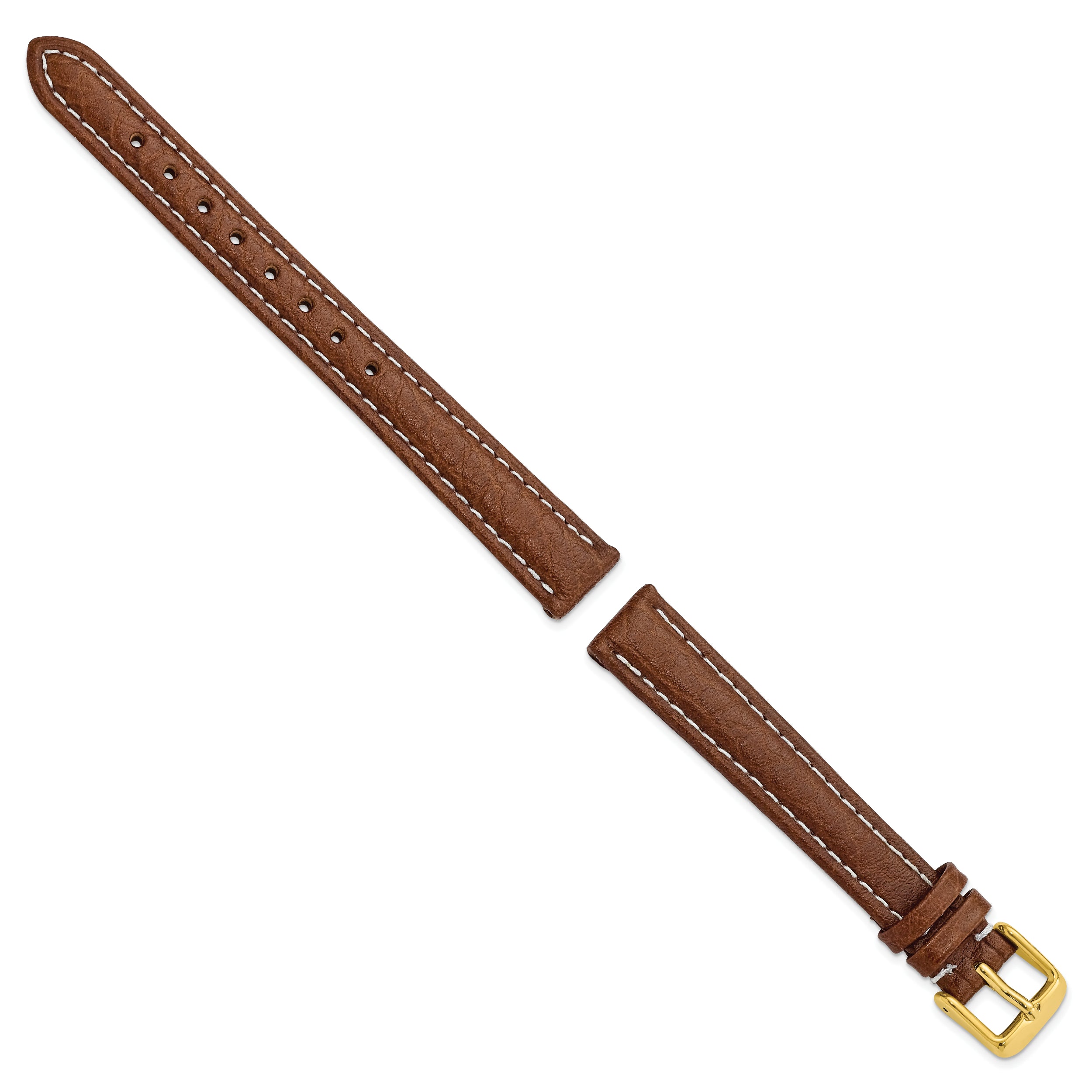 12mm Havana Sport Leather with White Stitching and Gold-tone Buckle 6.75 inch Watch Band - 12 / 6.75