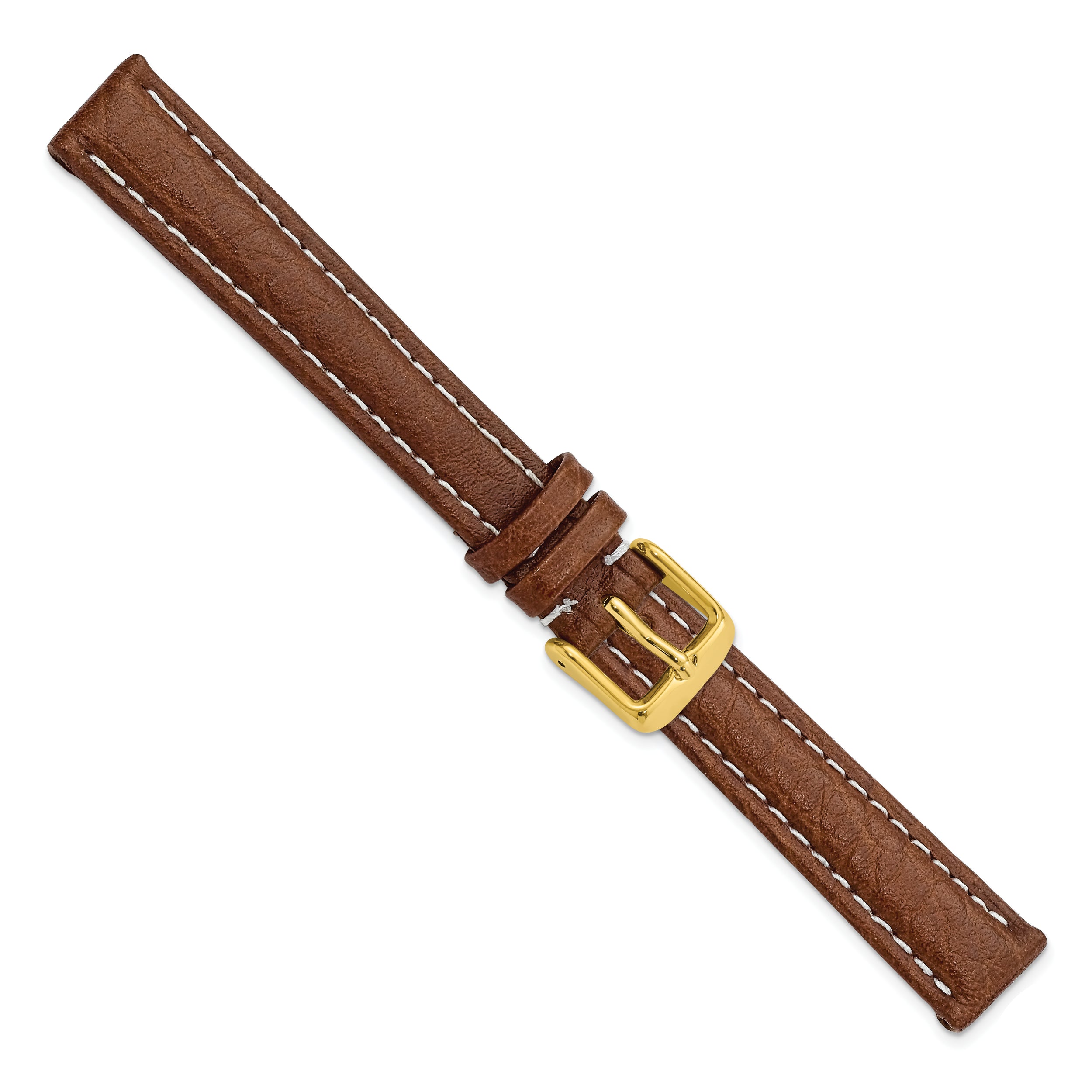 12mm Havana Sport Leather with White Stitching and Gold-tone Buckle 6.75 inch Watch Band - 12 / 6.75