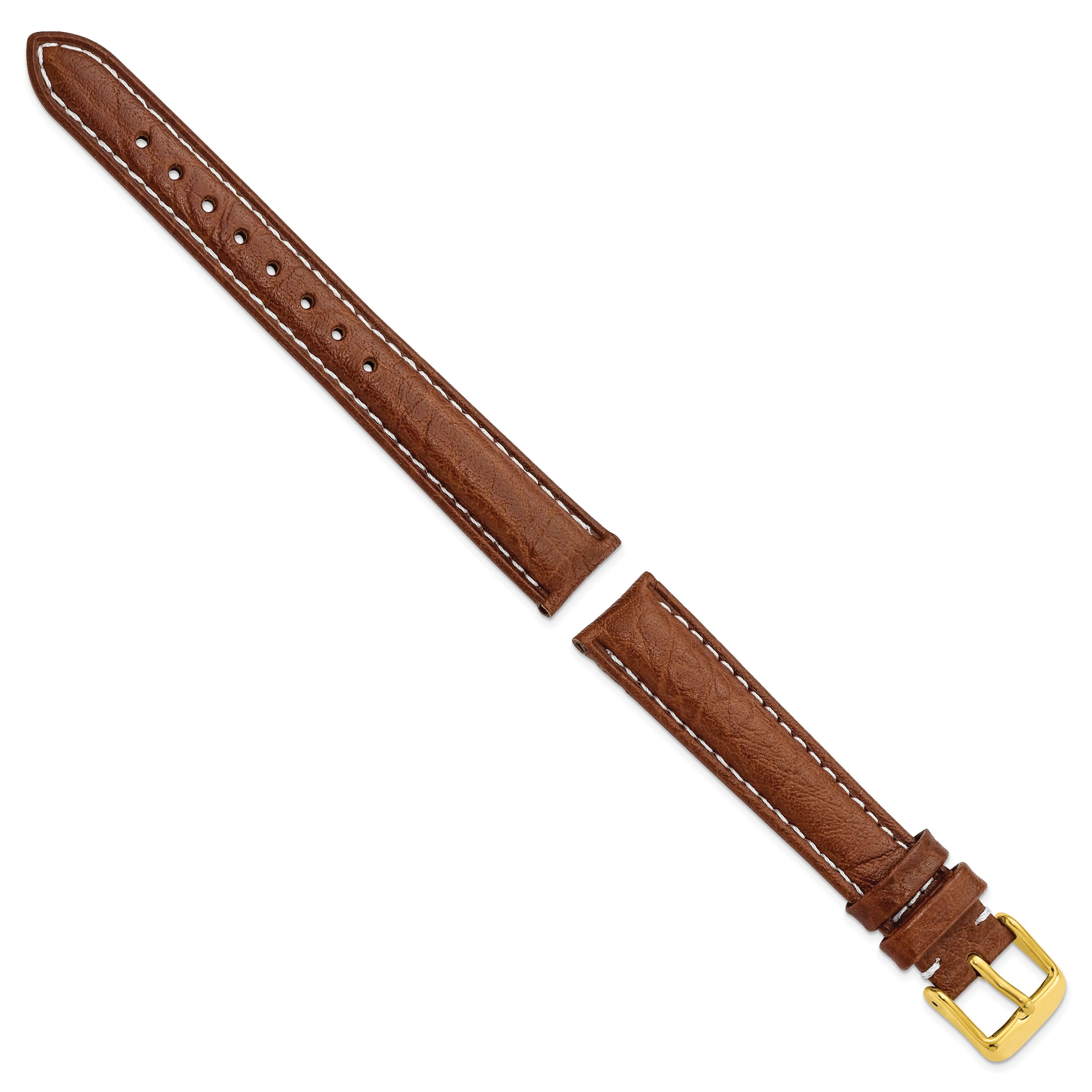 12mm Havana Sport Leather with White Stitching and Gold-tone Buckle 6.75 inch Watch Band - 12 / 6.75