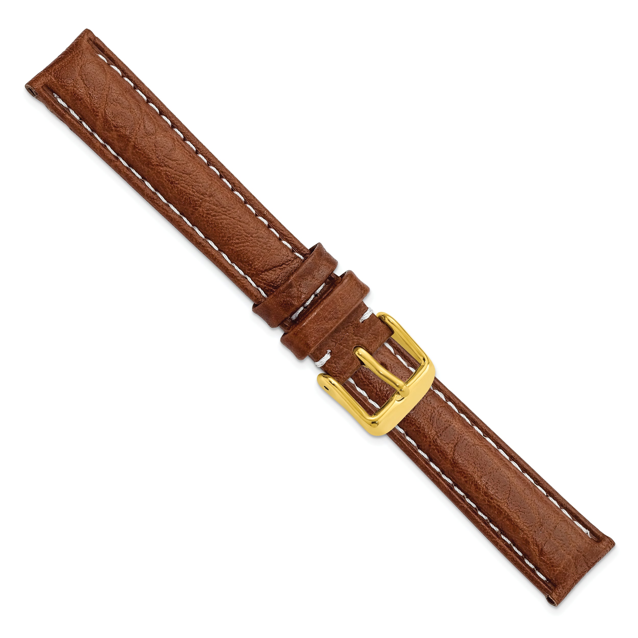 12mm Havana Sport Leather with White Stitching and Gold-tone Buckle 6.75 inch Watch Band - 12 / 6.75