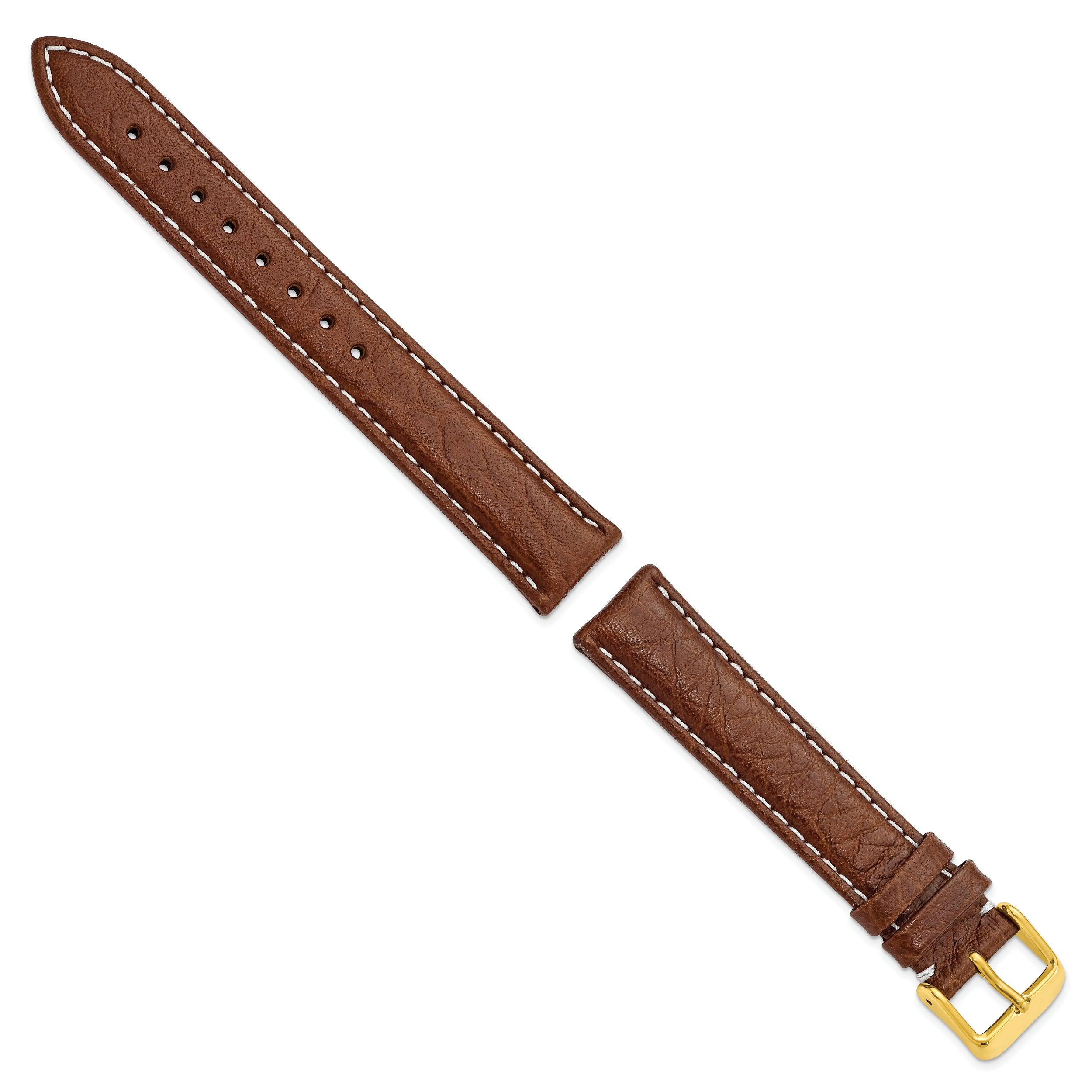 12mm Havana Sport Leather with White Stitching and Gold-tone Buckle 6.75 inch Watch Band - 12 / 6.75