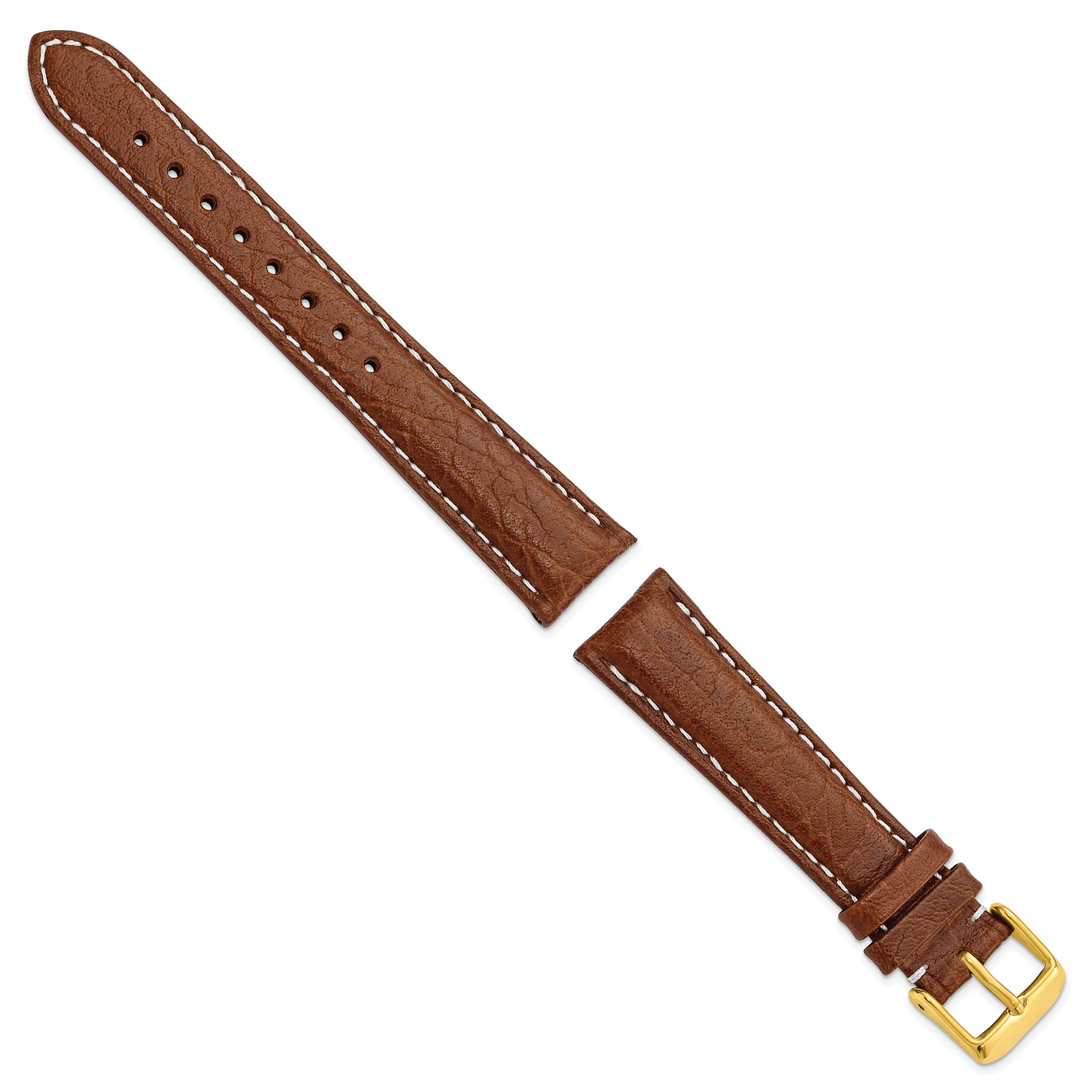 12mm Havana Sport Leather with White Stitching and Gold-tone Buckle 6.75 inch Watch Band - 12 / 6.75