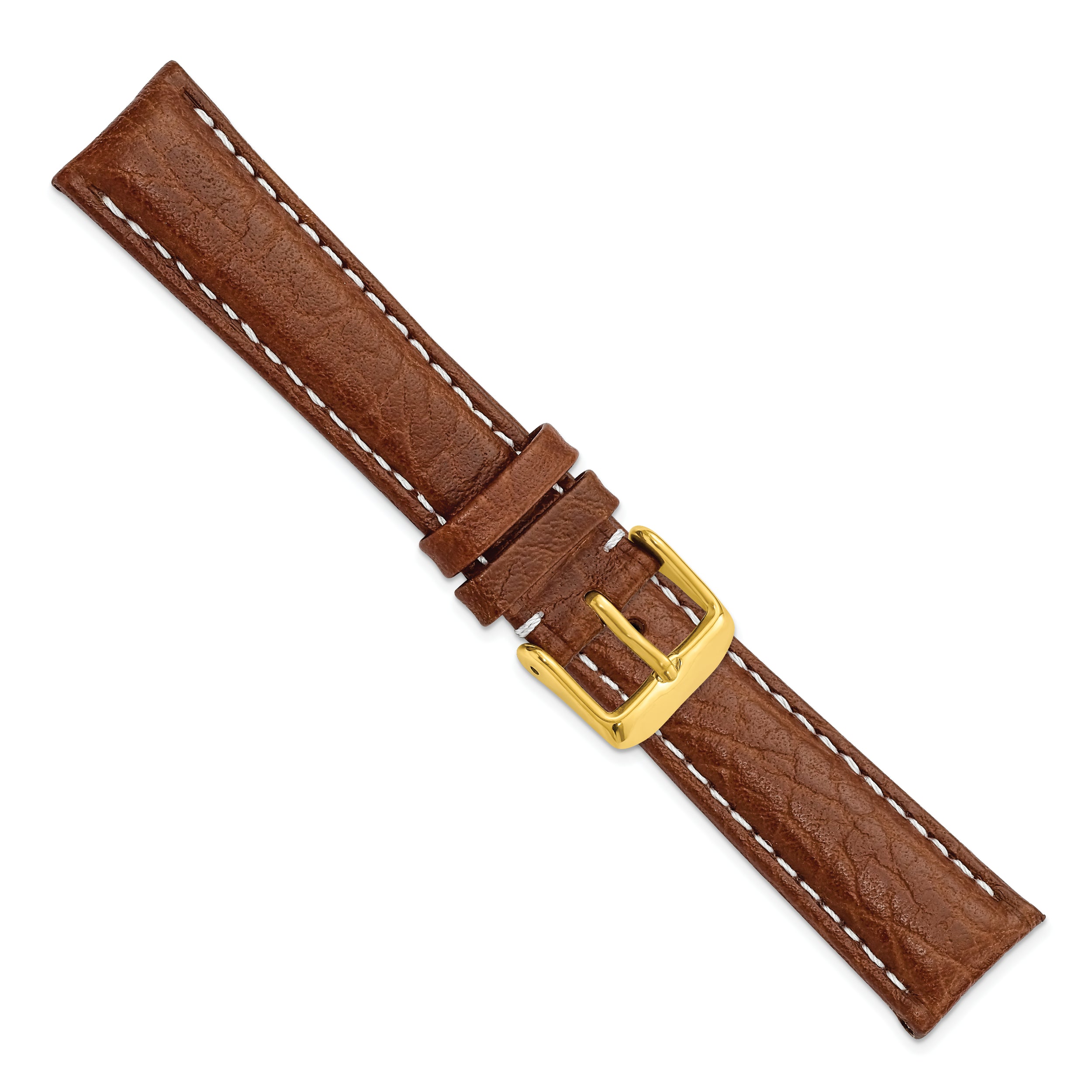 12mm Havana Sport Leather with White Stitching and Gold-tone Buckle 6.75 inch Watch Band - 12 / 6.75