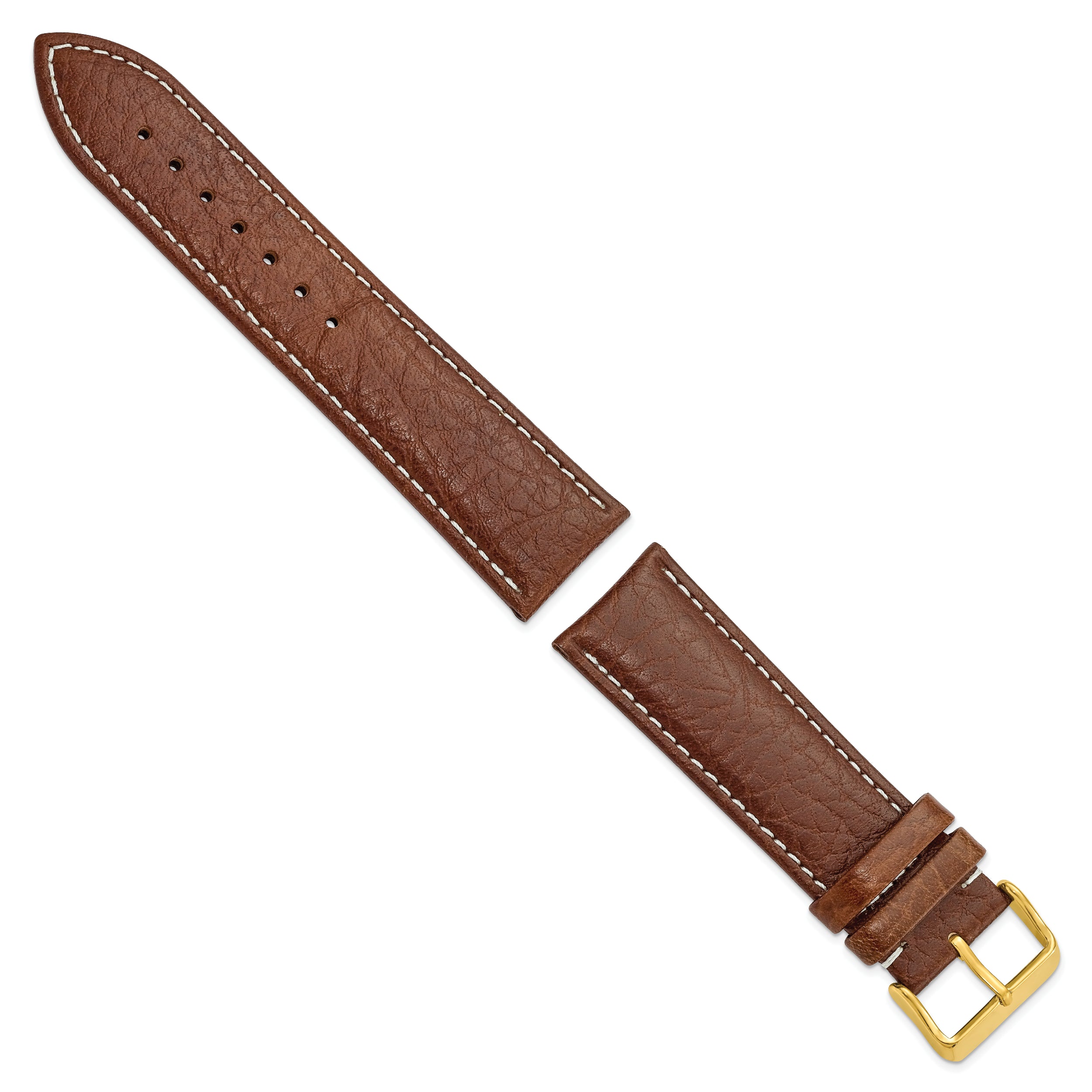 12mm Havana Sport Leather with White Stitching and Gold-tone Buckle 6.75 inch Watch Band - 12 / 6.75