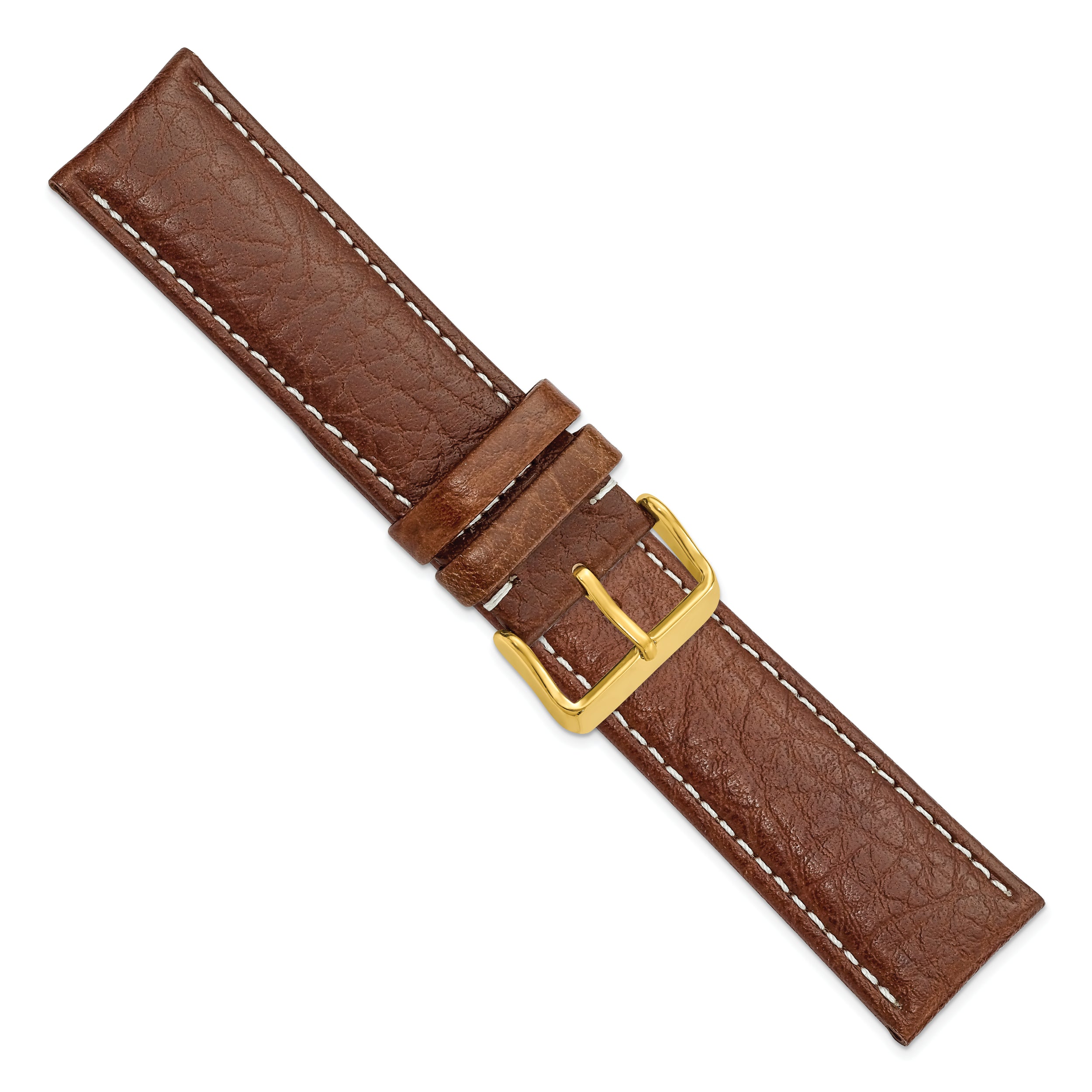 12mm Havana Sport Leather with White Stitching and Gold-tone Buckle 6.75 inch Watch Band - 12 / 6.75