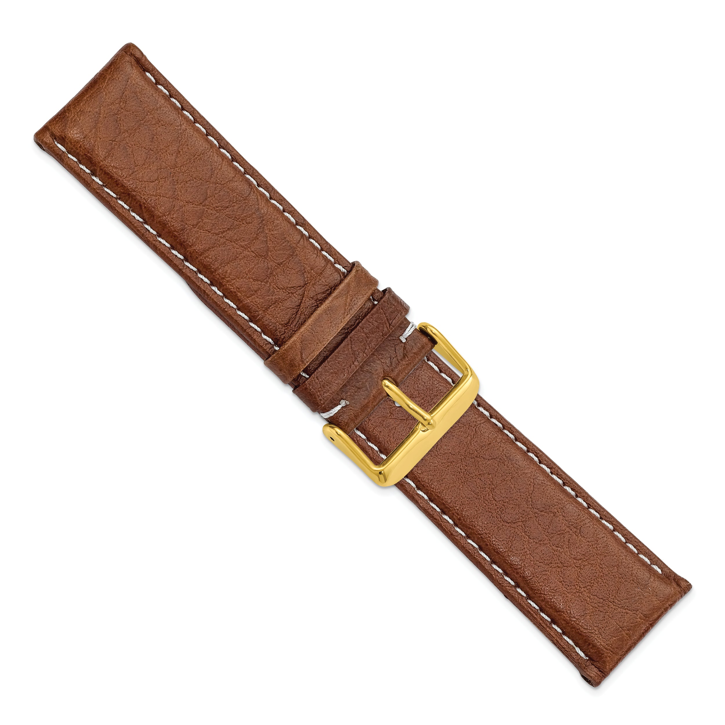 12mm Havana Sport Leather with White Stitching and Gold-tone Buckle 6.75 inch Watch Band - 12 / 6.75