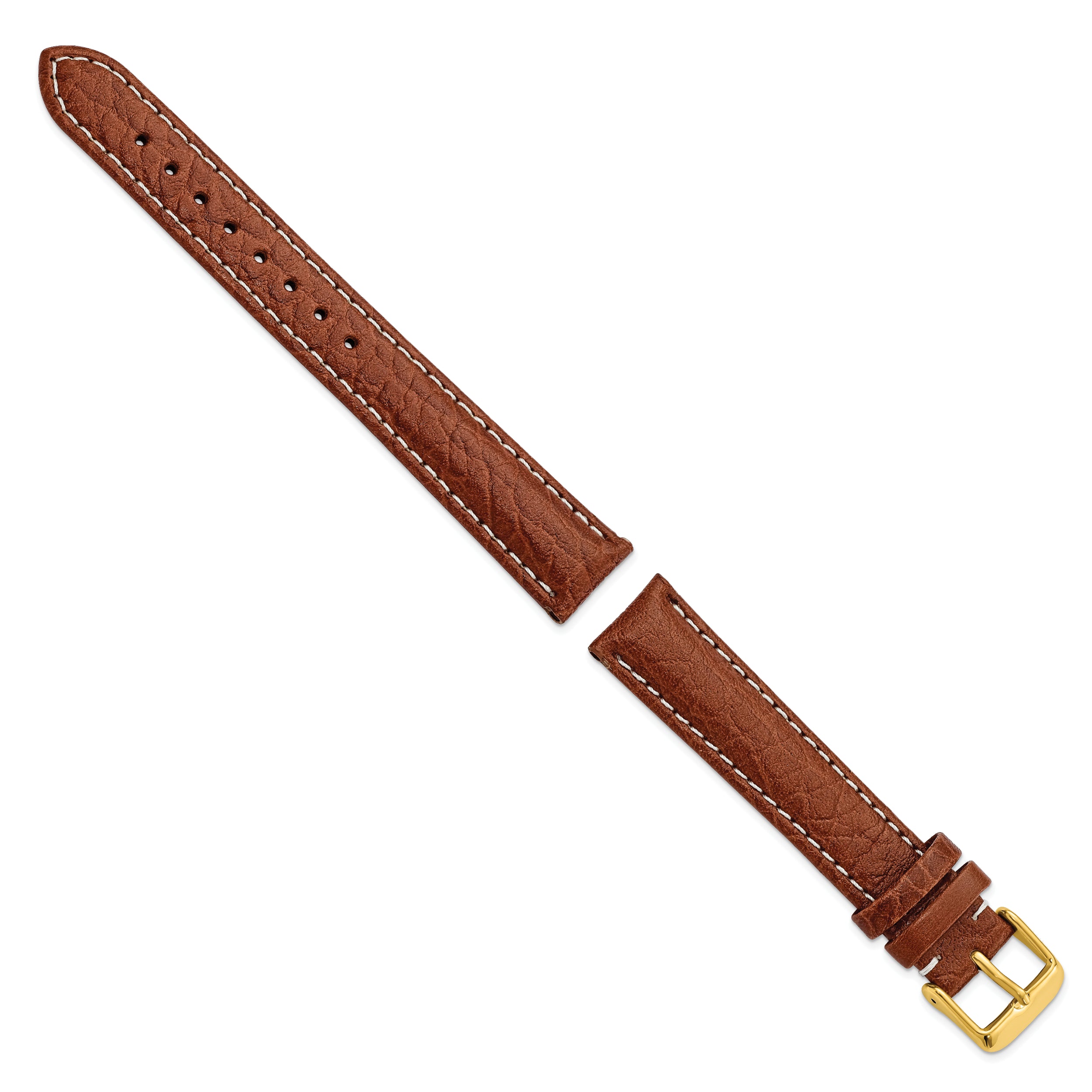 16mm Long Havana Sport Leather with White Stitching and Gold-tone Buckle 8.5 inch Watch Band - 16 / 8.5