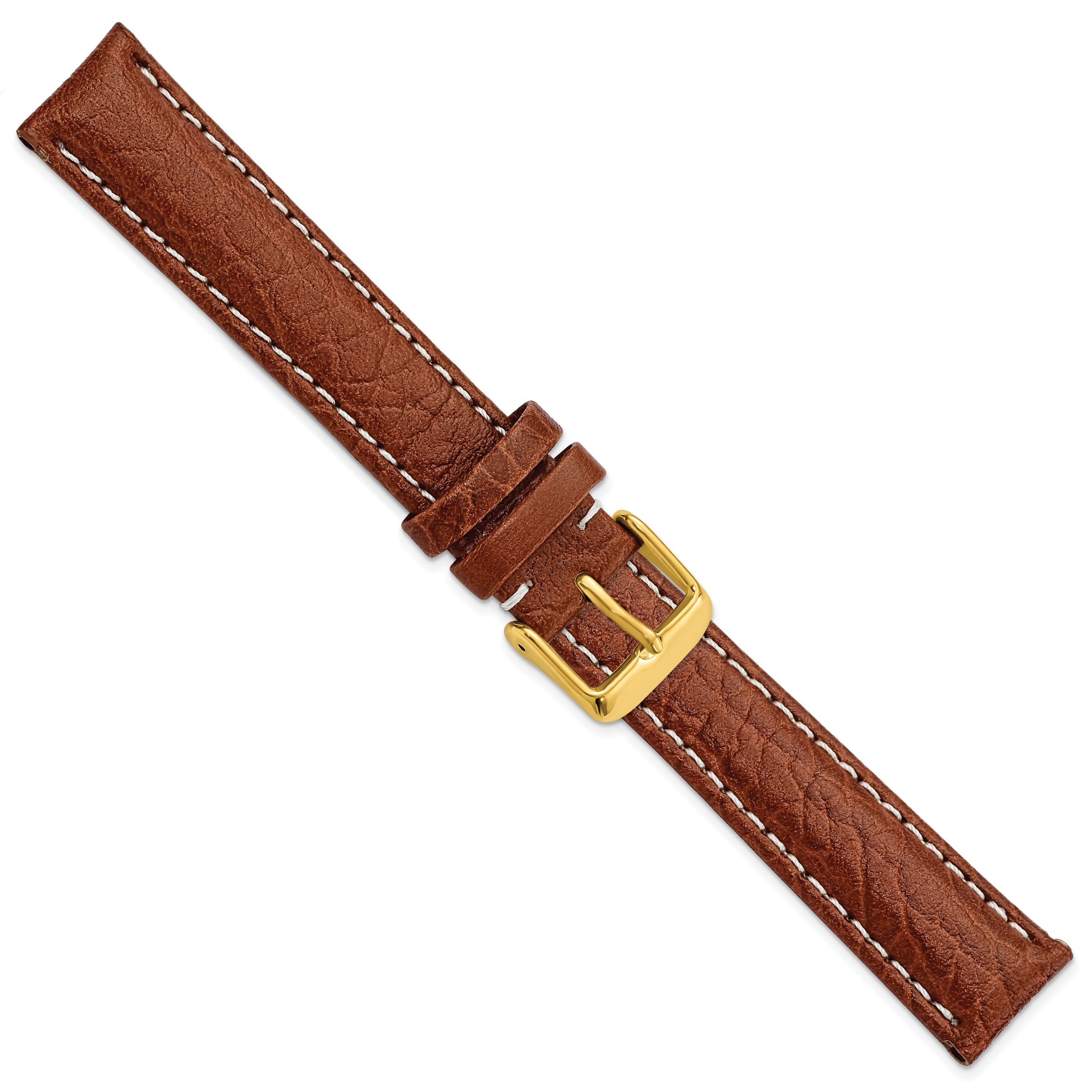 16mm Long Havana Sport Leather with White Stitching and Gold-tone Buckle 8.5 inch Watch Band - 16 / 8.5