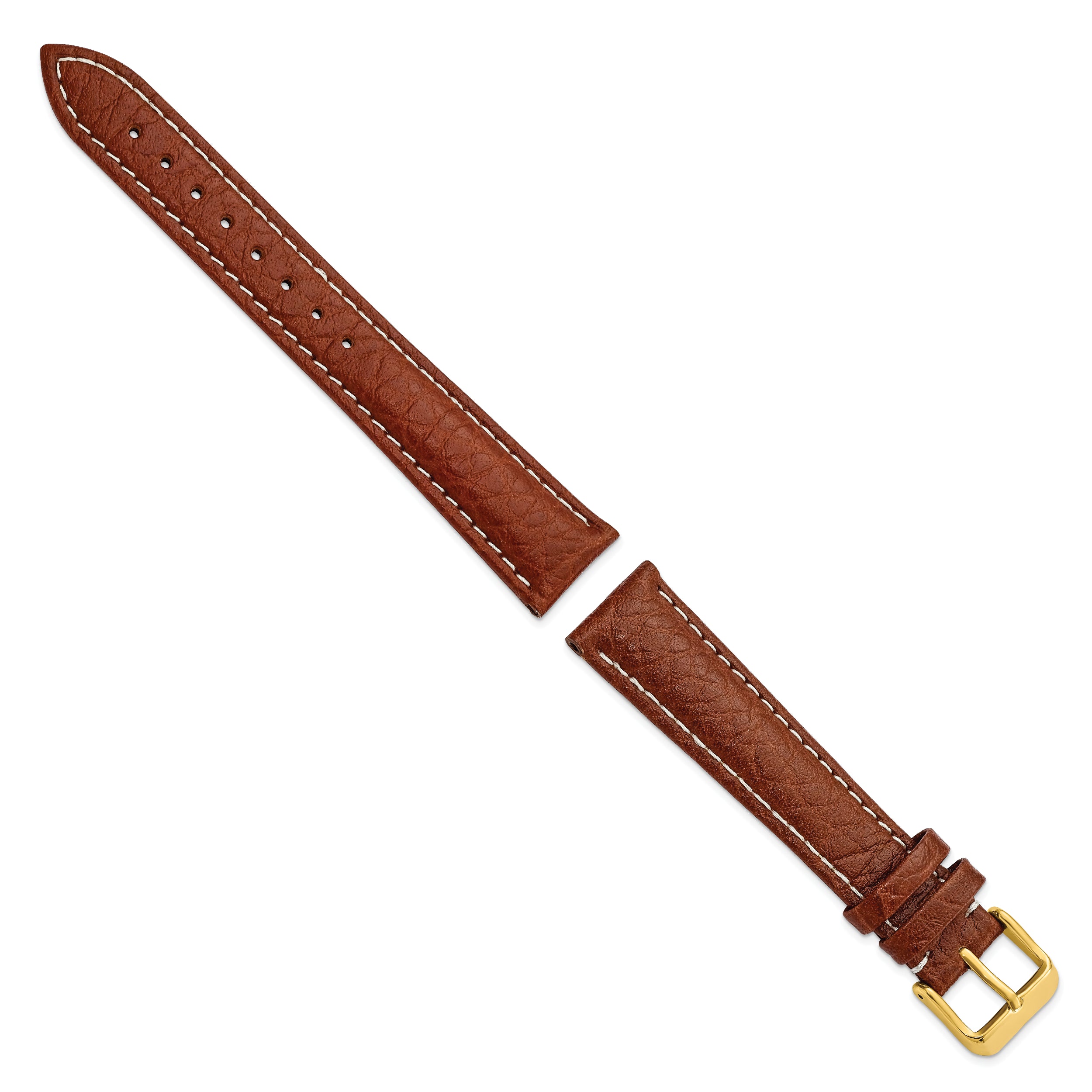 16mm Long Havana Sport Leather with White Stitching and Gold-tone Buckle 8.5 inch Watch Band - 16 / 8.5