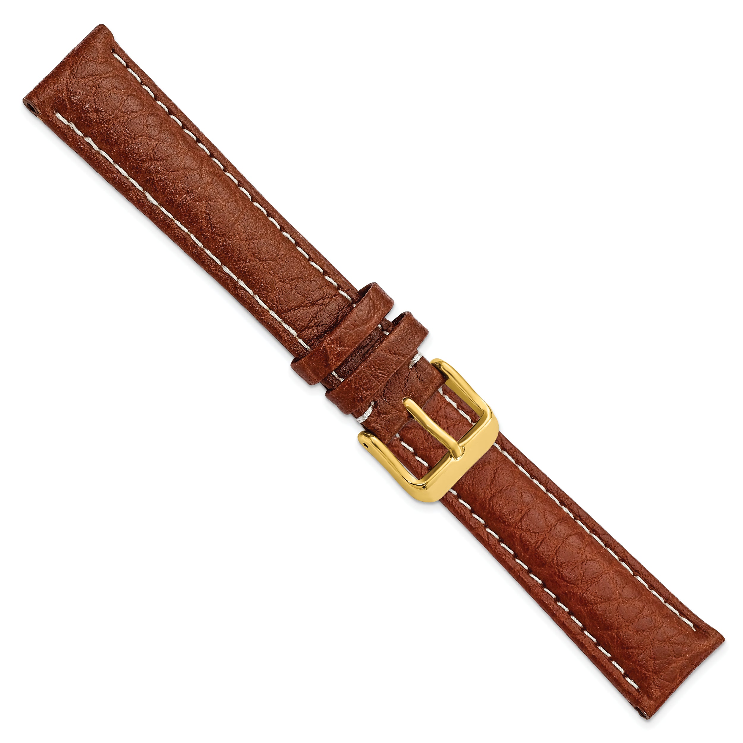 16mm Long Havana Sport Leather with White Stitching and Gold-tone Buckle 8.5 inch Watch Band - 16 / 8.5