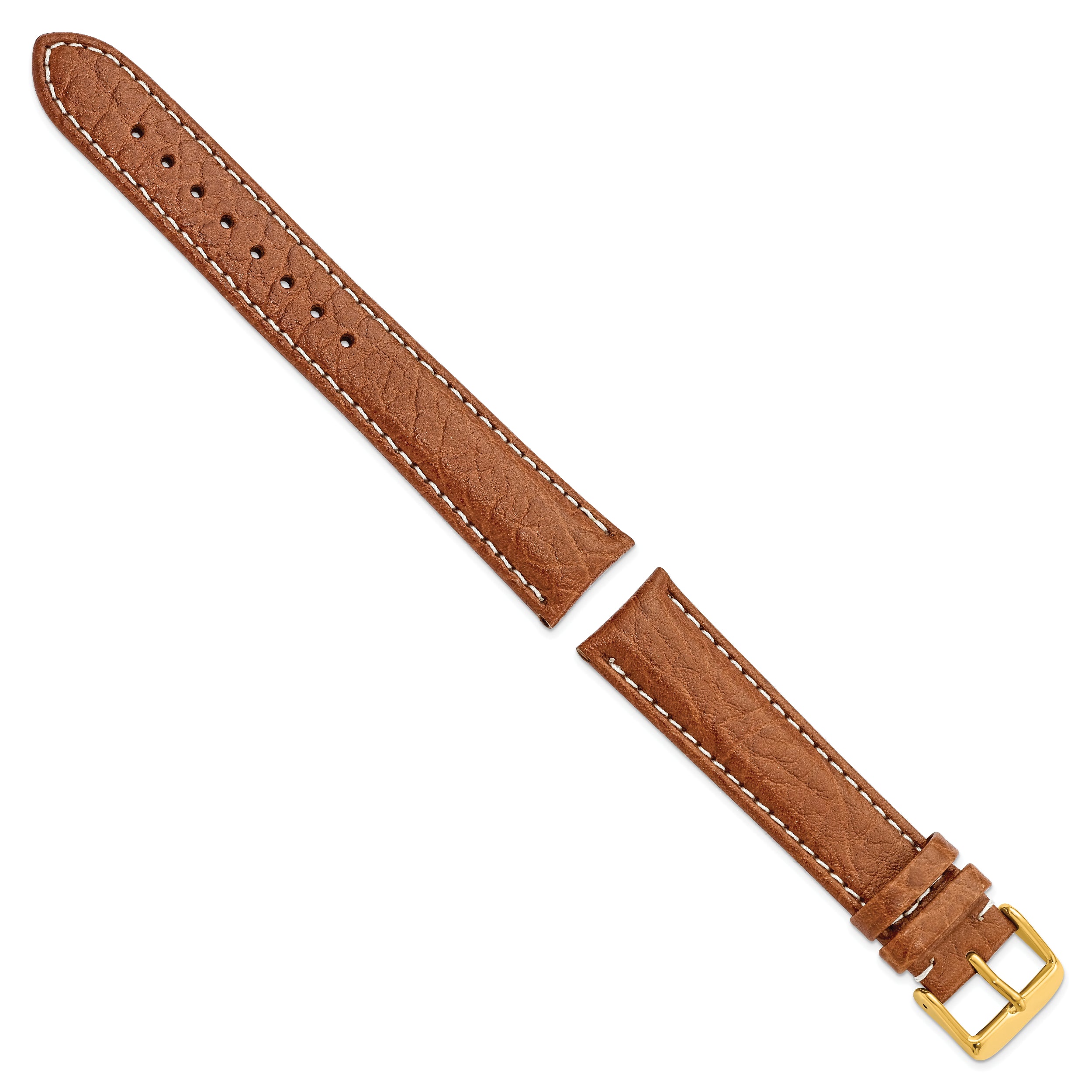 16mm Long Havana Sport Leather with White Stitching and Gold-tone Buckle 8.5 inch Watch Band - 16 / 8.5