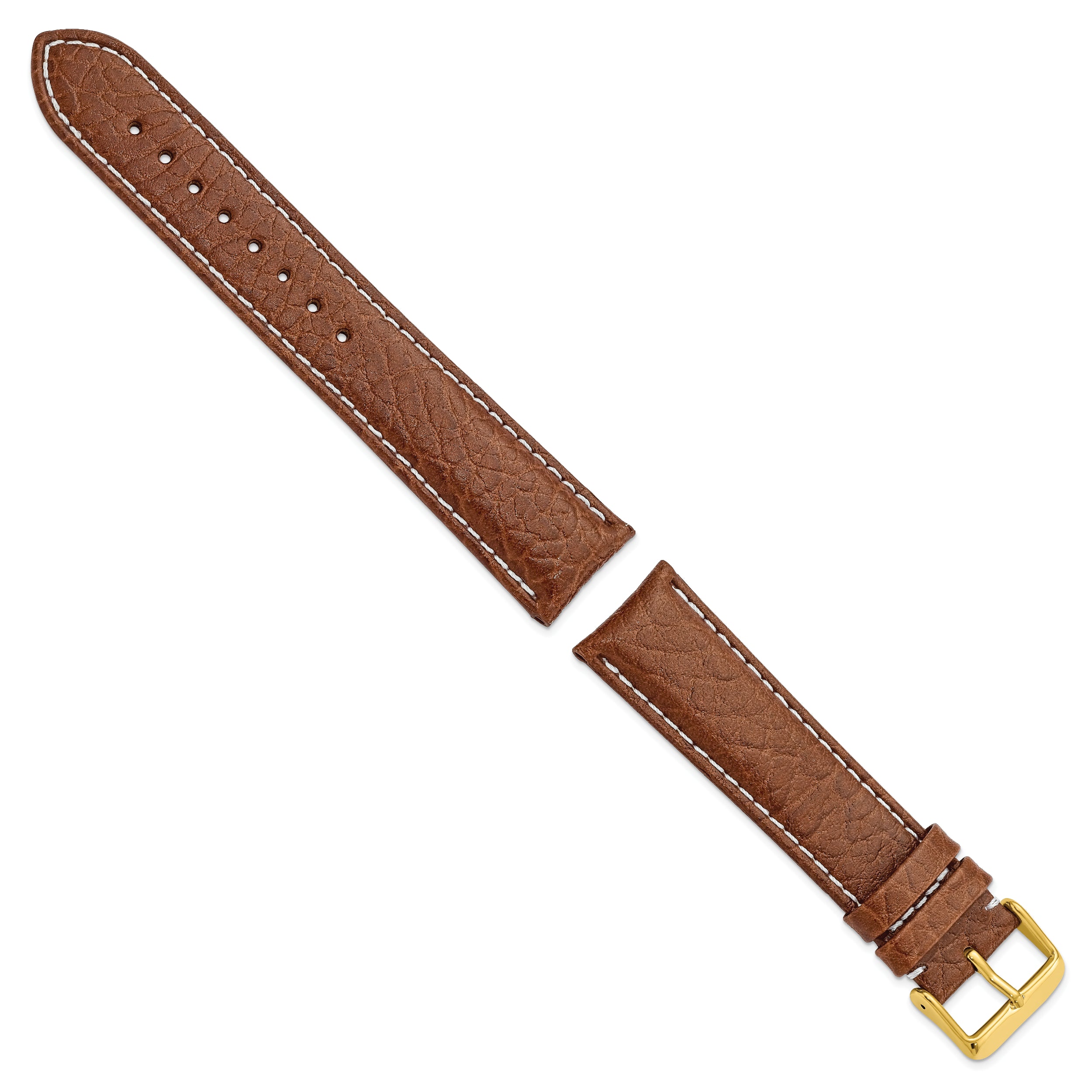16mm Long Havana Sport Leather with White Stitching and Gold-tone Buckle 8.5 inch Watch Band - 16 / 8.5
