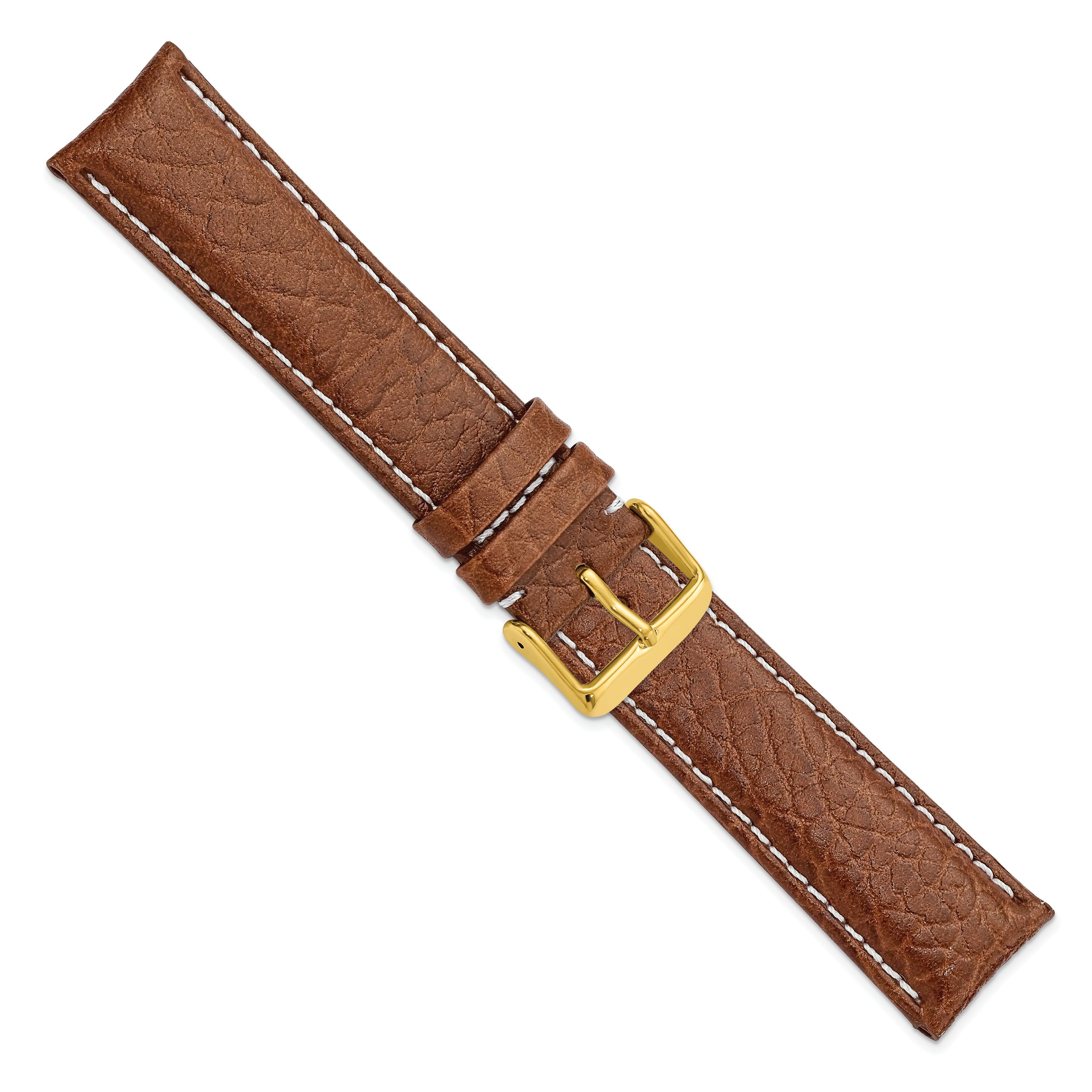 16mm Long Havana Sport Leather with White Stitching and Gold-tone Buckle 8.5 inch Watch Band - 16 / 8.5