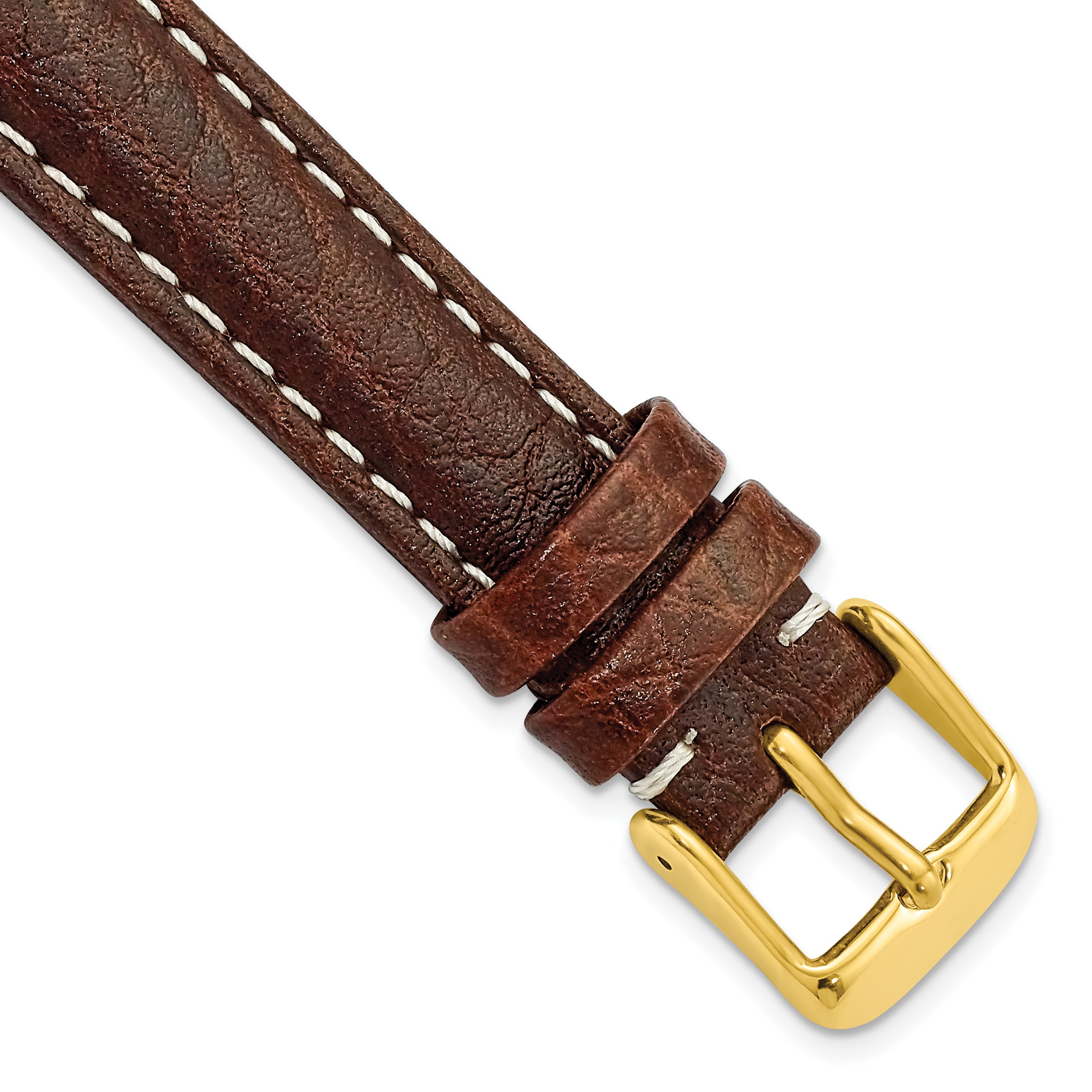 DeBeer 16mm Dark Brown Sport Leather with White Stitching and Gold-tone Buckle 7.5 inch Watch Band