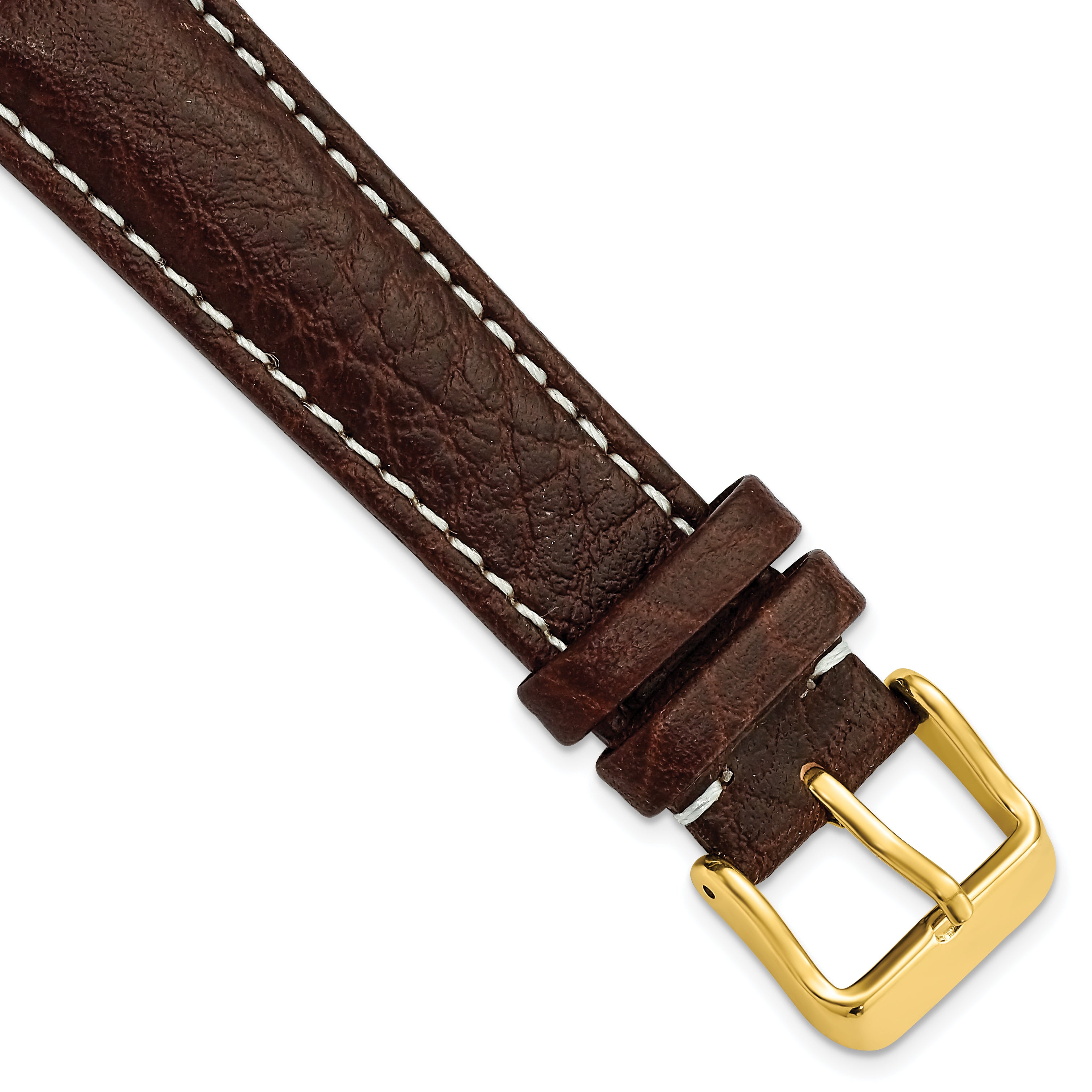DeBeer 19mm Dark Brown Sport Leather with White Stitching and Gold-tone Buckle 7.5 inch Watch Band