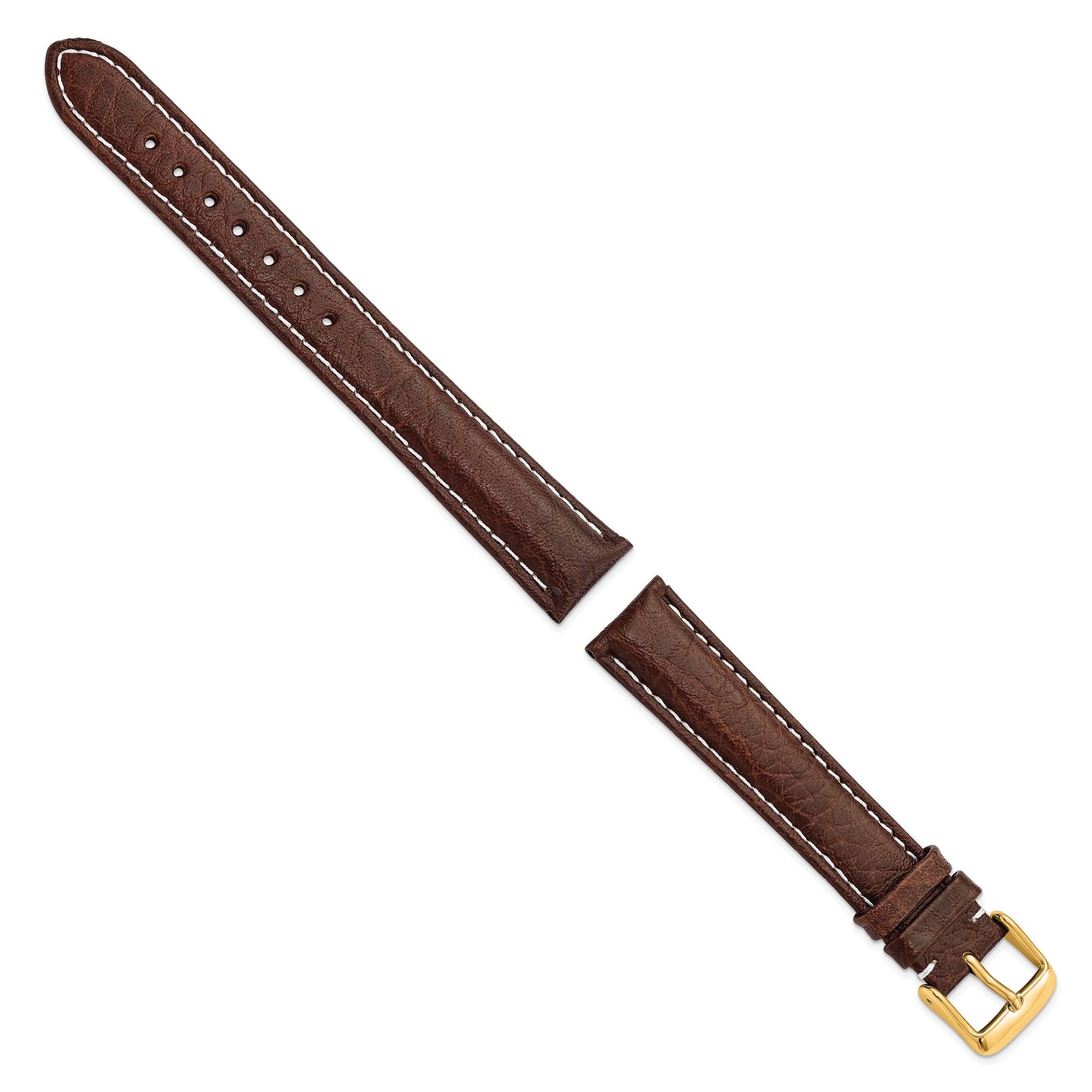 16mm Long Dark Brown Sport Leather with White Stitching and Gold-tone Buckle 8.5 inch Watch Band - 16 / 8.5